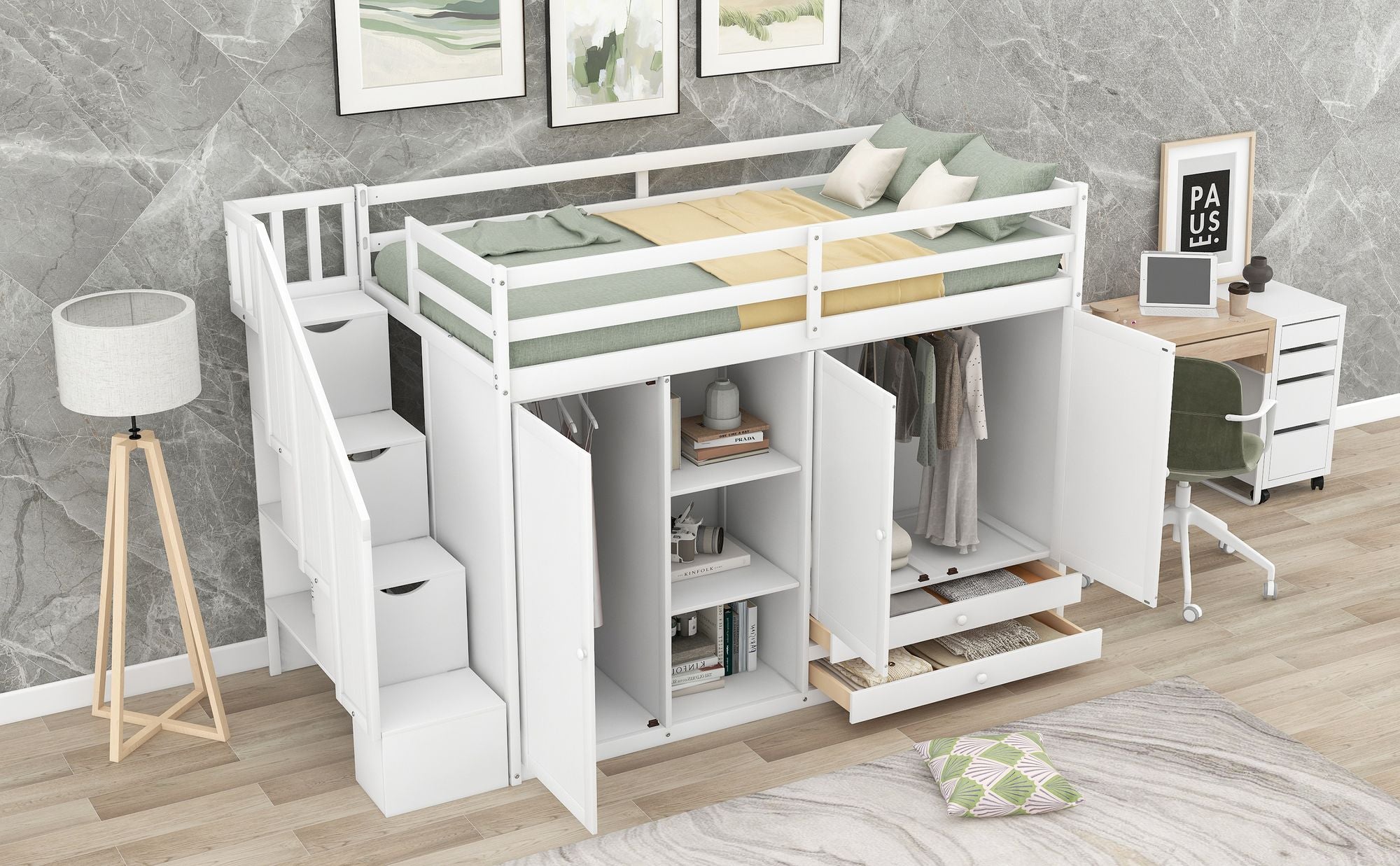 Functional Loft Bed with 3 Shelves;  2 Wardrobes and 2 Drawers;  Ladder with Storage;  No Box Spring Needed