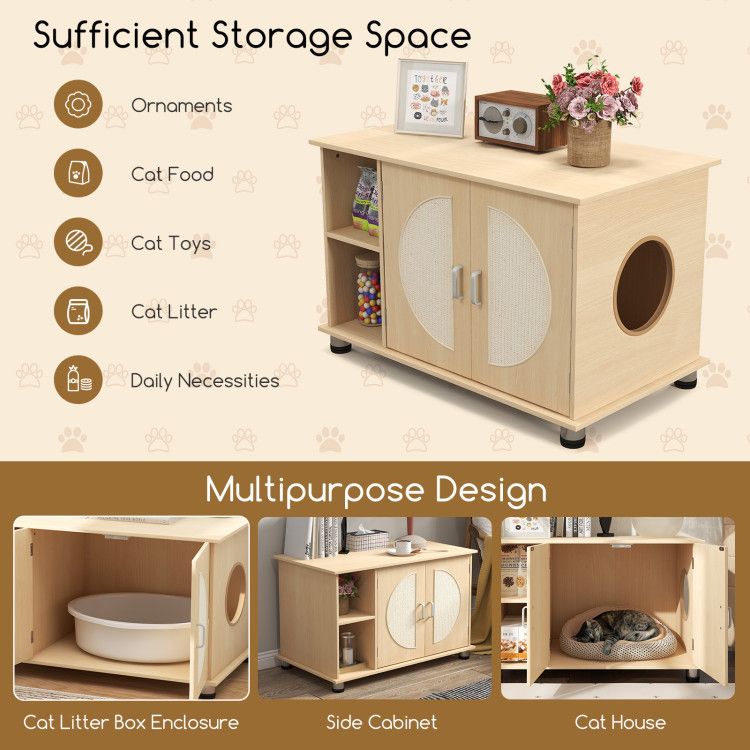 Cat Litter Box Enclosure with Sisal Scratching Doors and Adjustable Metal Feet