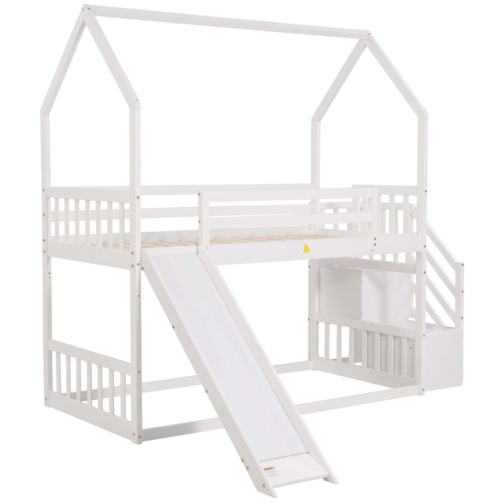 Twin over Twin House Bunk Bed with Convertible Slide; Storage Staircase