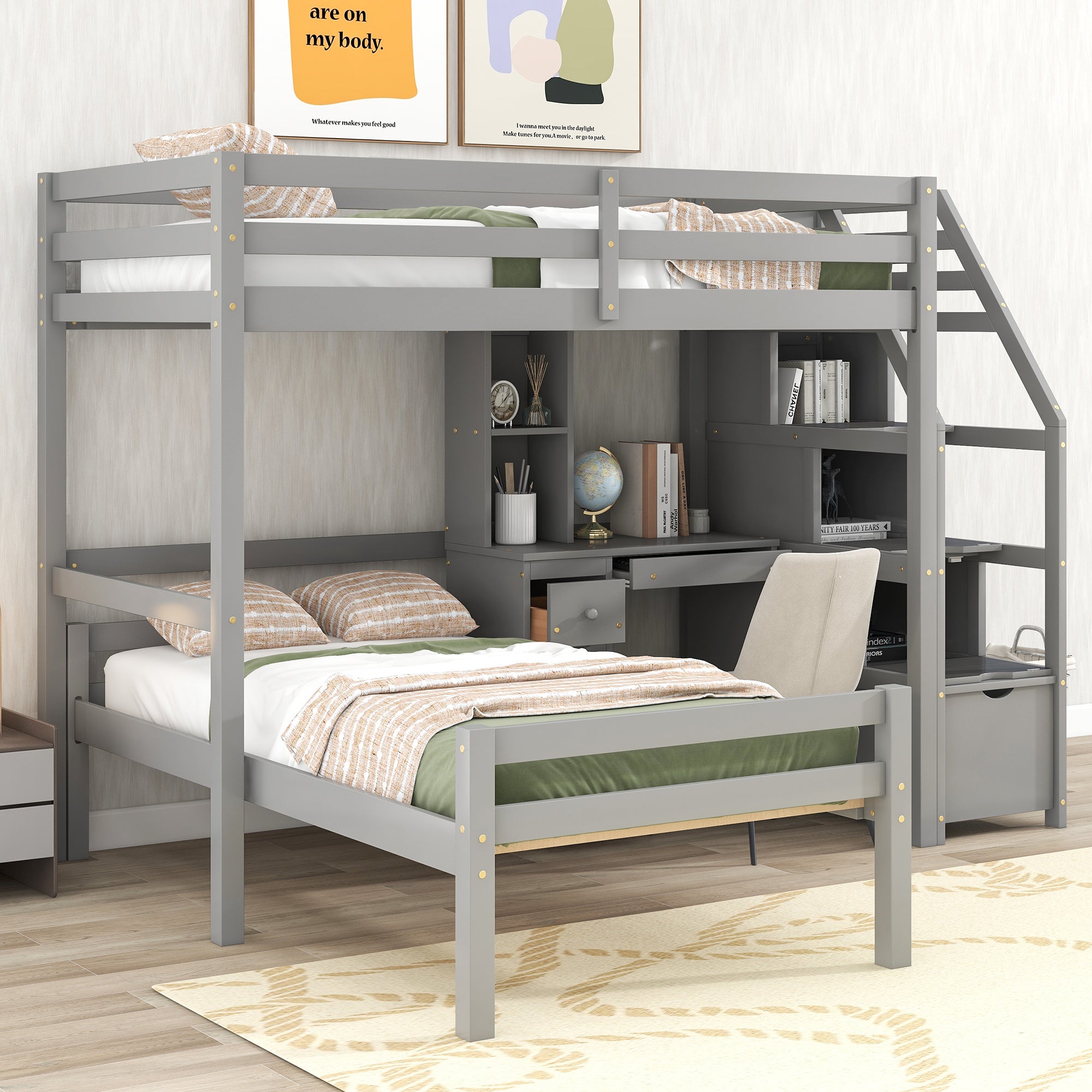 Twin Size Loft Bed with a Stand-alone Bed;  Storage Staircase;  Desk;  Shelves and Drawers