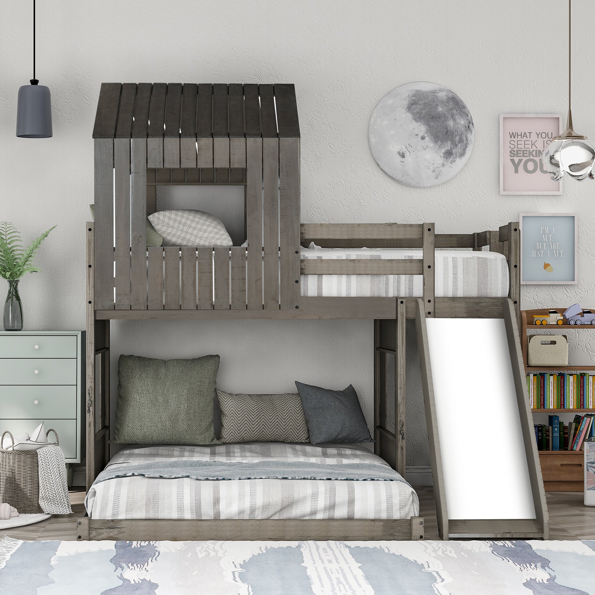 Wooden Twin Over Full Bunk Bed, Loft Bed with Playhouse, Farmhouse, Ladder, Slide and Guardrails