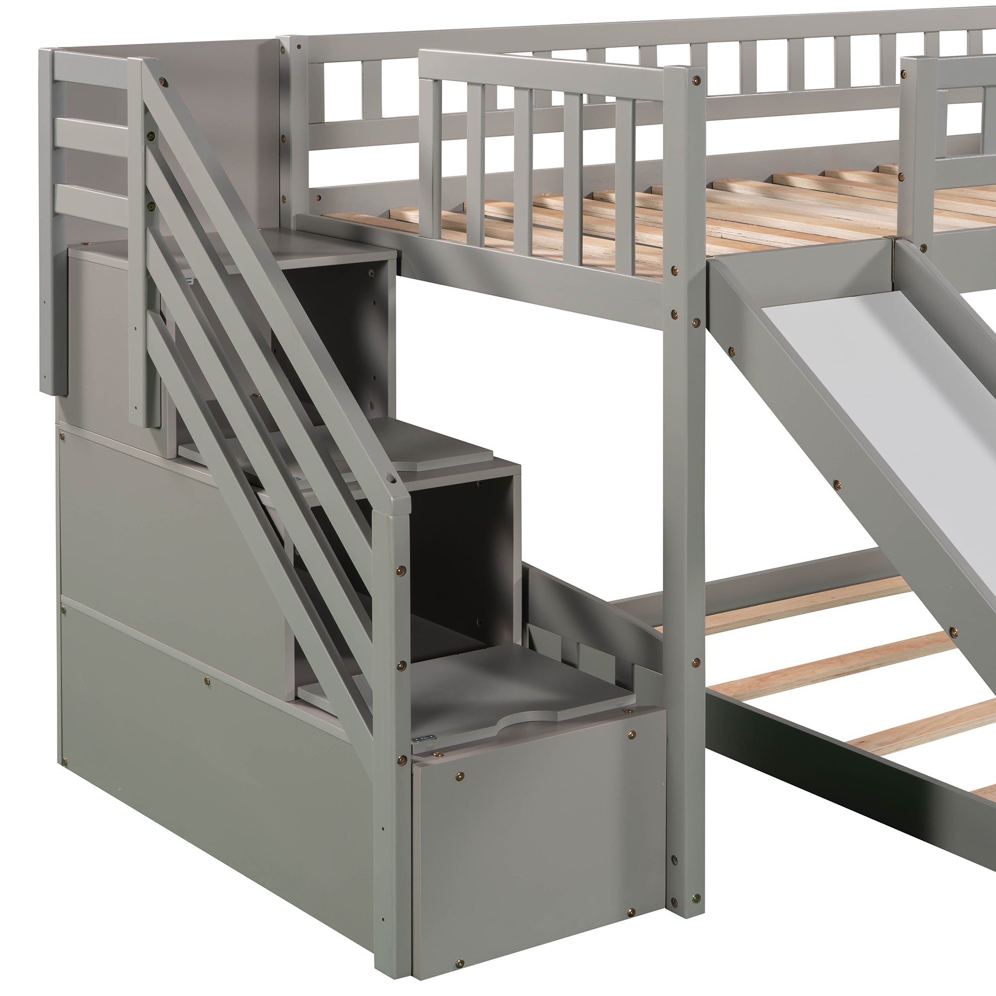 Stairway Twin over Twin Bunk Bed with Two Drawers and Slide