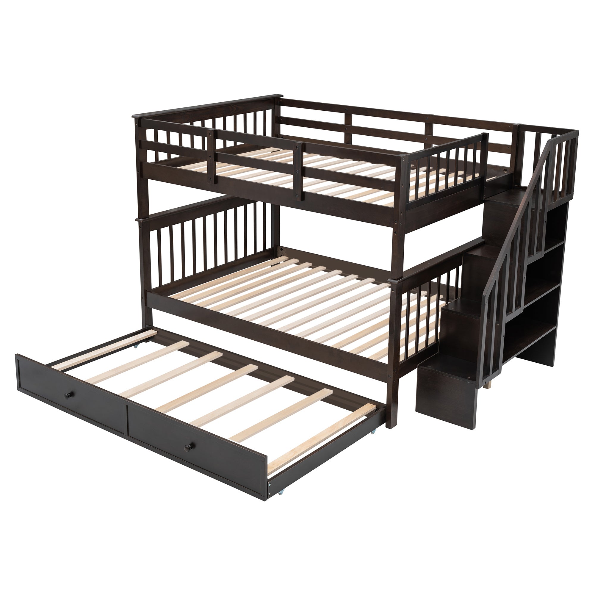 Stairway Full-Over-Full Bunk Bed with Twin size Trundle;  Storage and Guard Rail for Bedroom;  Dorm