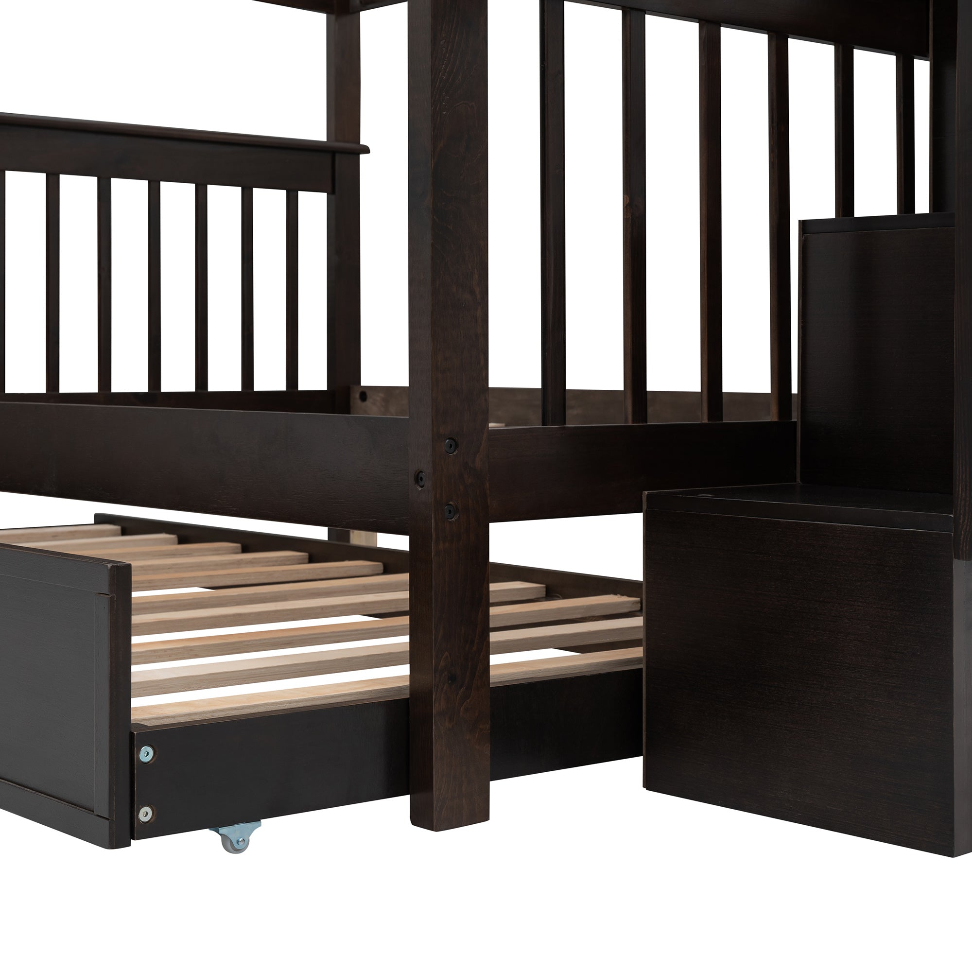 Stairway Full-Over-Full Bunk Bed with Twin size Trundle;  Storage and Guard Rail for Bedroom;  Dorm