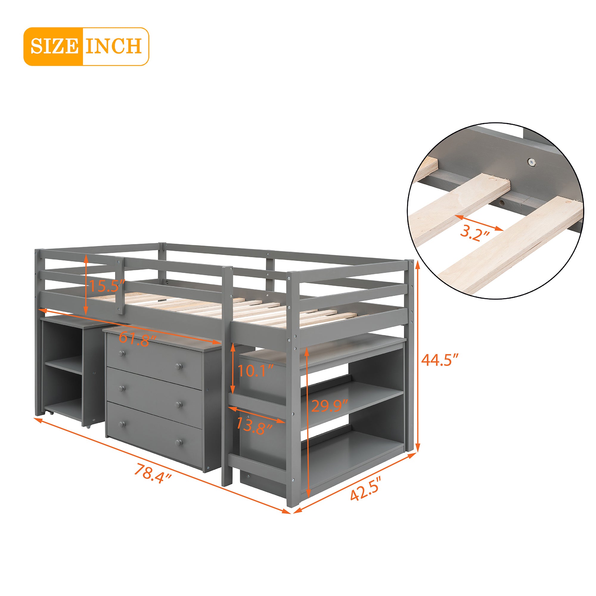 Low Study Twin Loft Bed with Cabinet and Rolling Portable Desk