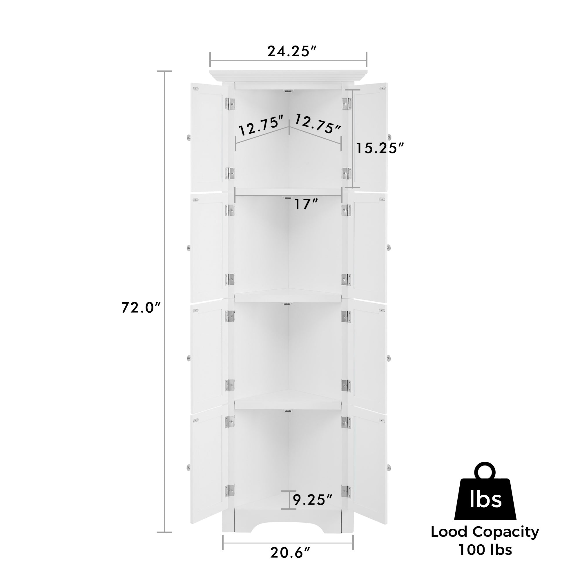 Tall Storage Cabinet with Doors and 4 Shelves for Living Room, Kitchen, Office, Bedroom, Bathroom, Modern, White