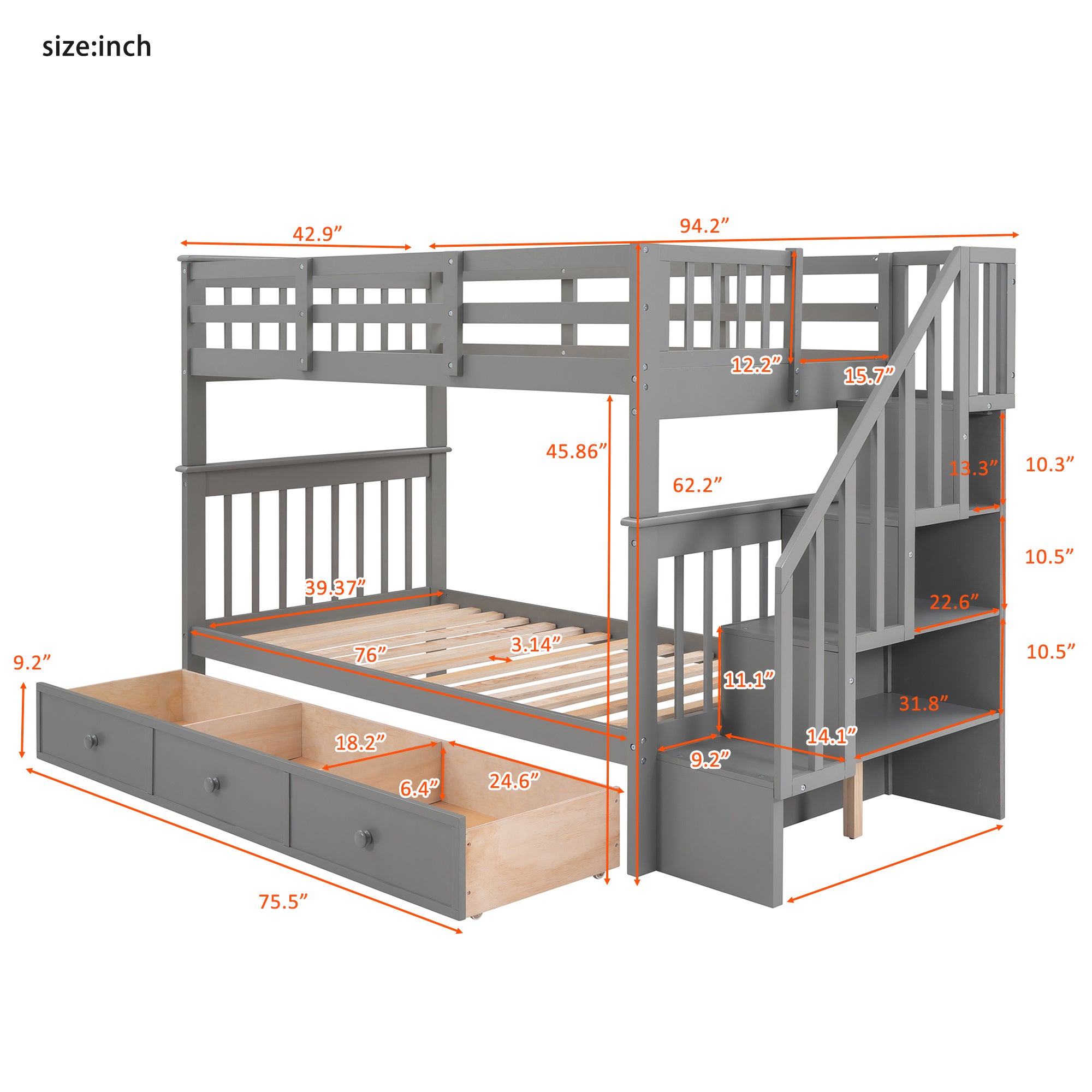 Stairway Twin-Over-Twin Bunk Bed with Three Drawers for Bedroom, Dorm - Gray