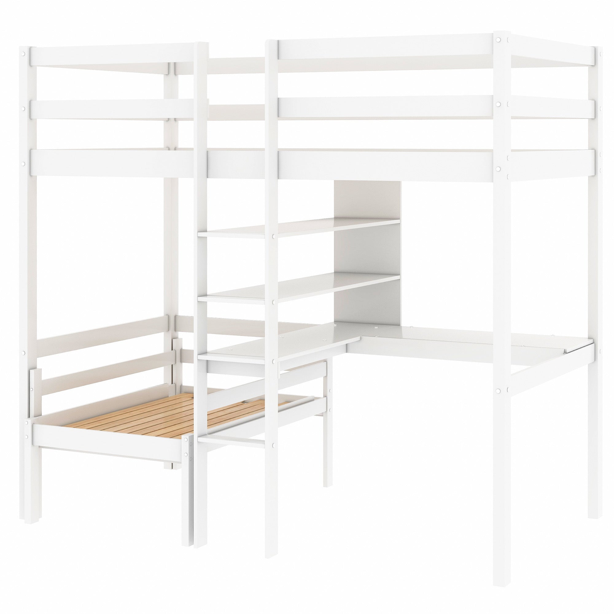 Convertible Loft Bed with L-Shape Desk, Twin Bunk Bed with Shelves and Ladder