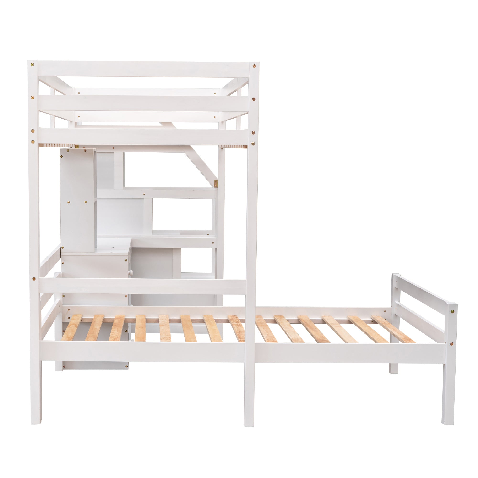 Twin Size Loft Bed with a Stand-alone Bed;  Storage Staircase;  Desk;  Shelves and Drawers