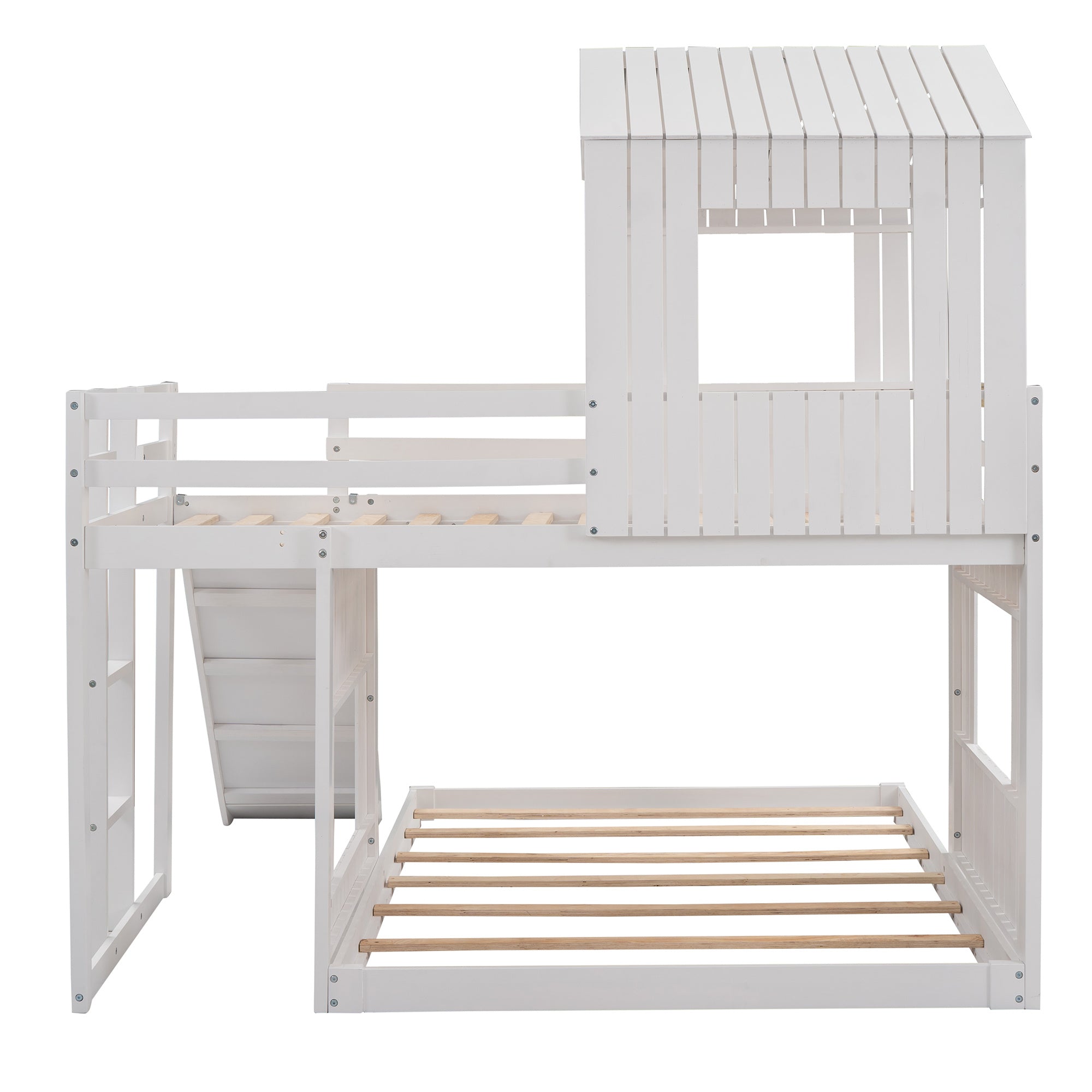 Wooden Twin Over Full Bunk Bed, Loft Bed with Playhouse, Farmhouse, Ladder, Slide and Guardrails