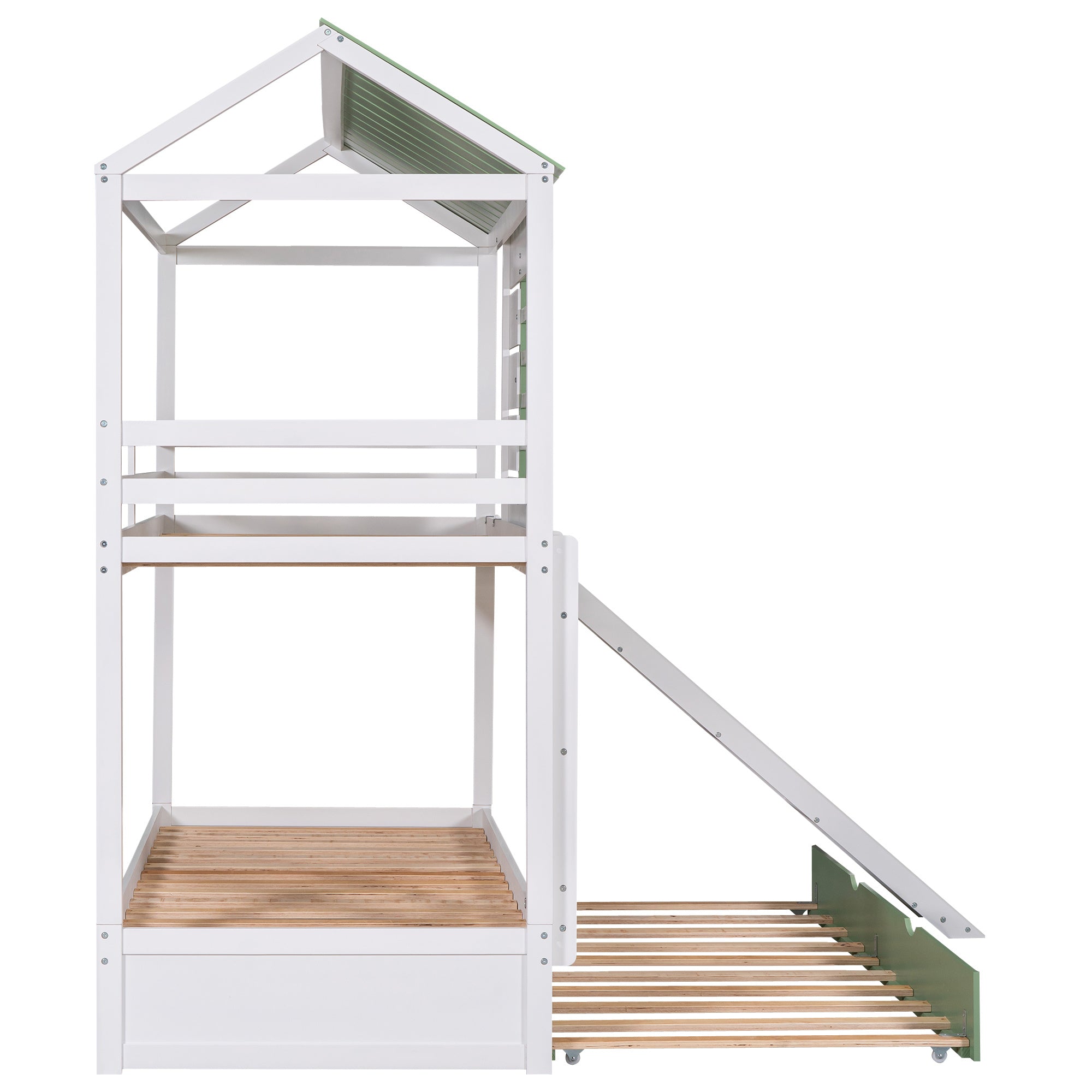 Twin over Twin Size House Bunk Bed with Convertible Slide and Trundle