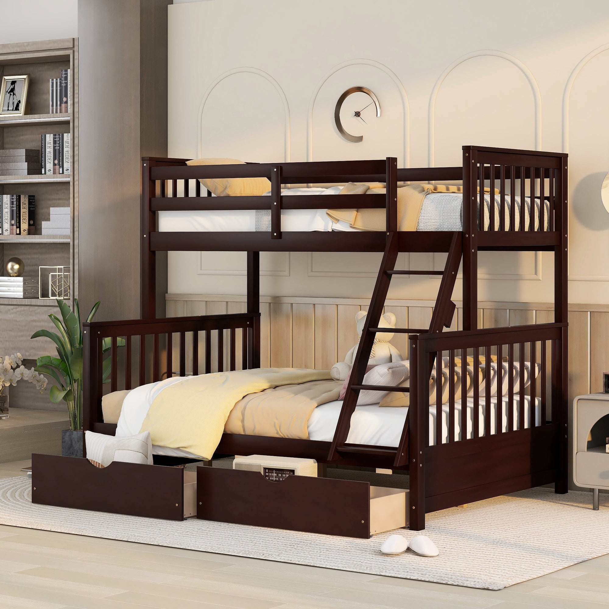 Twin-Over-Full Bunk Bed with Ladders and Two Storage Drawers