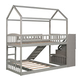Twin Over Twin Bunk Bed with Two Drawers and Slide, House Bed with Slide