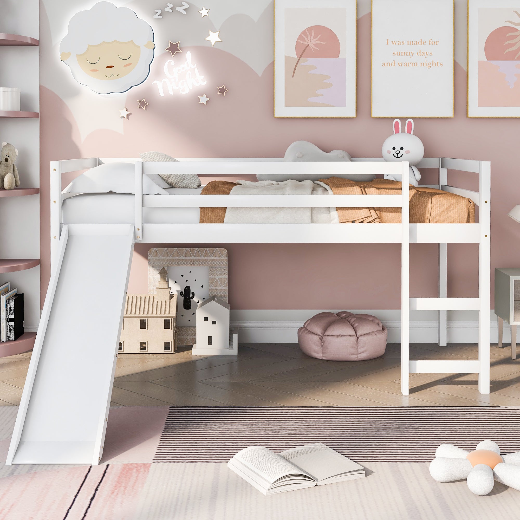 Loft Bed with Slide;  Multifunctional Design;  Twin