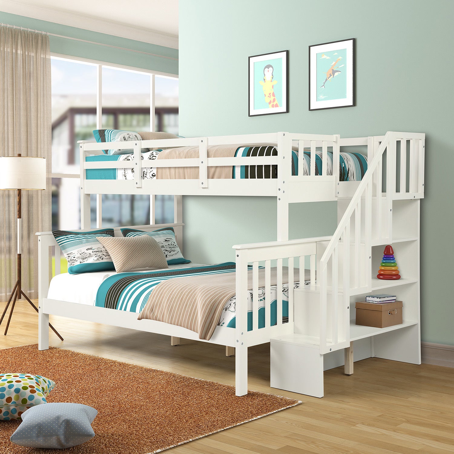 Stairway Twin-Over-Full Bunk Bed with Storage and Guard Rail for Bedroom