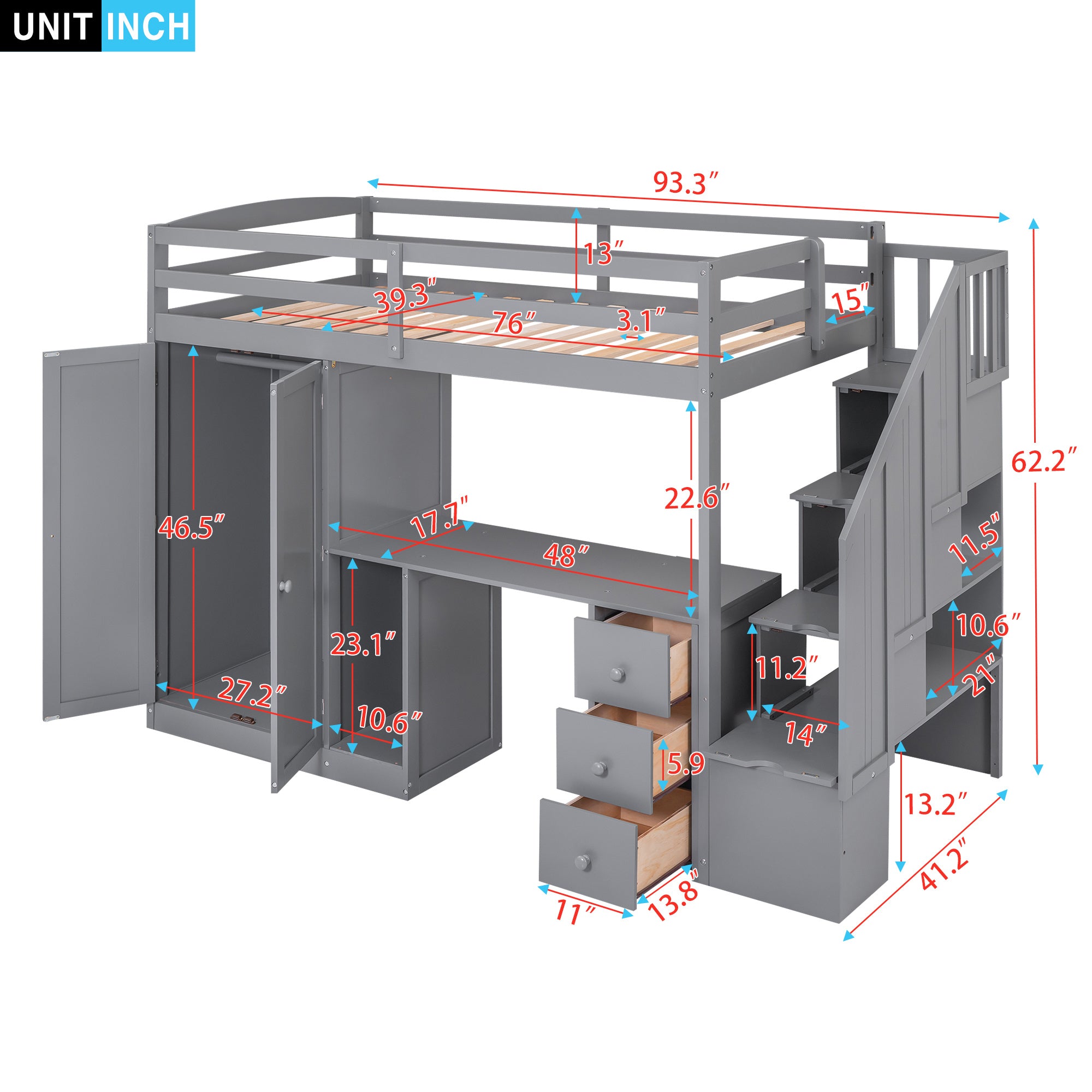 Twin Size Loft Bed with Wardrobe and Staircase;  Desk and Storage Drawers and Cabinet in 1