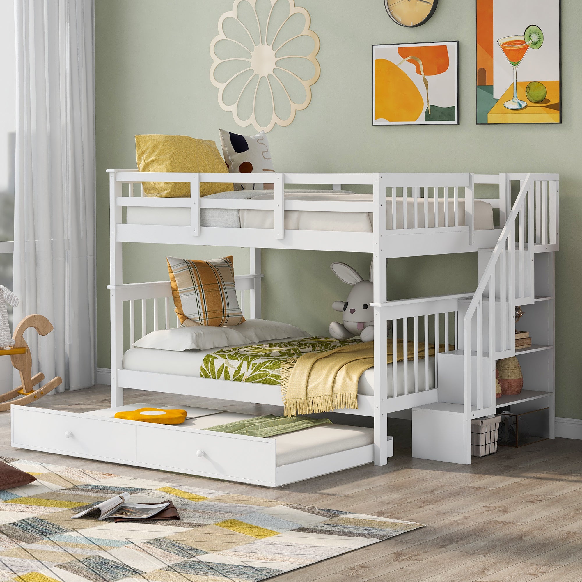 Stairway Full-Over-Full Bunk Bed with Twin size Trundle;  Storage and Guard Rail for Bedroom;  Dorm