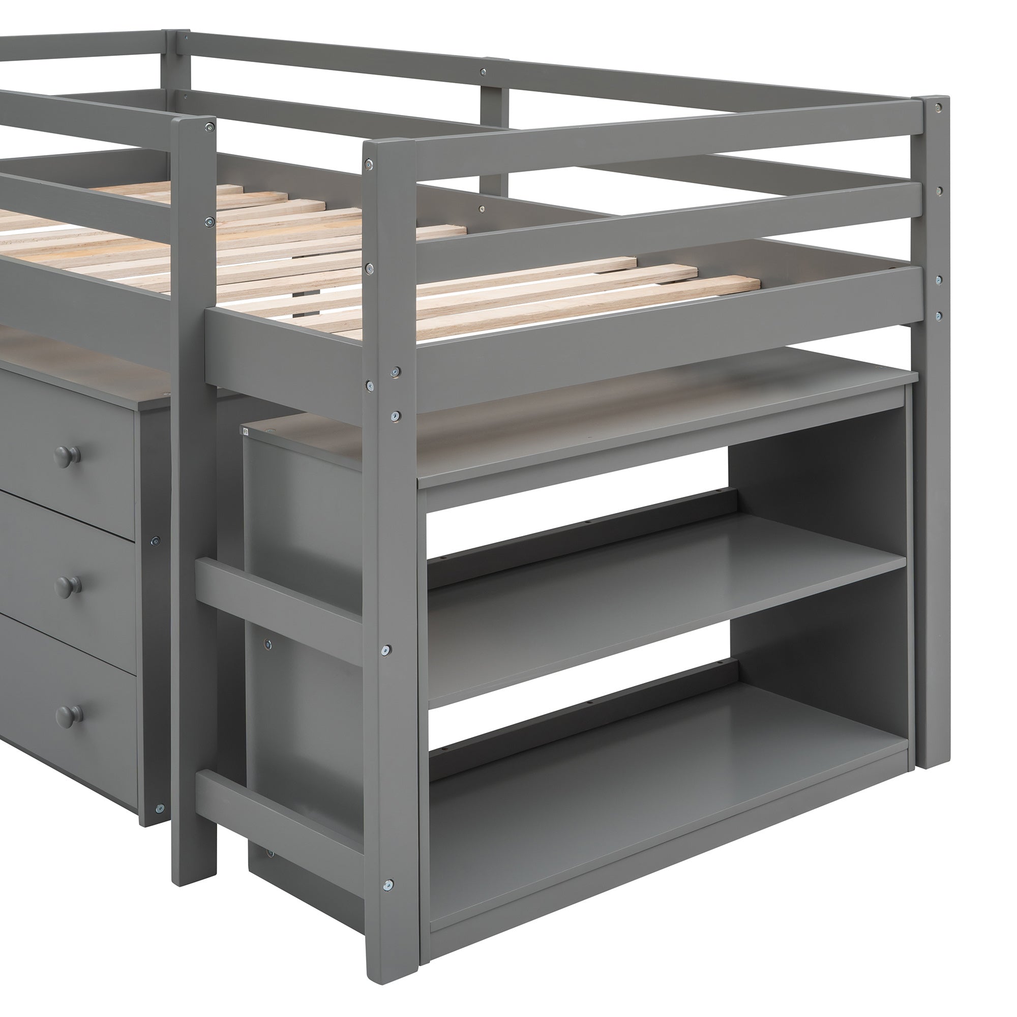 Low Study Twin Loft Bed with Cabinet and Rolling Portable Desk