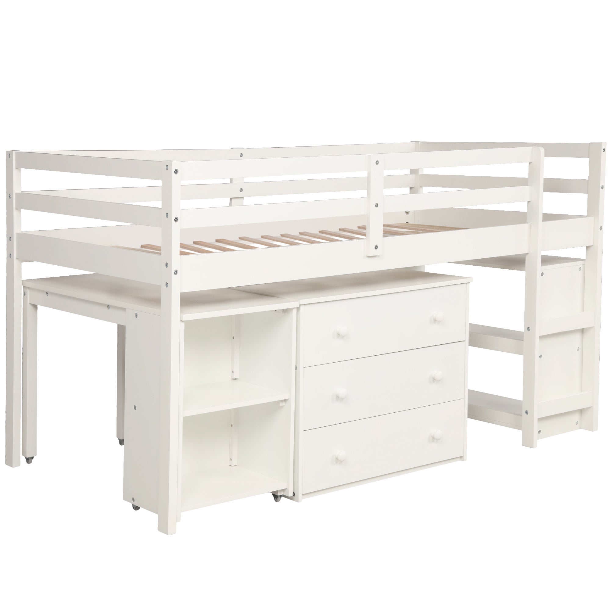 Low Study Twin Loft Bed with Cabinet and Rolling Portable Desk