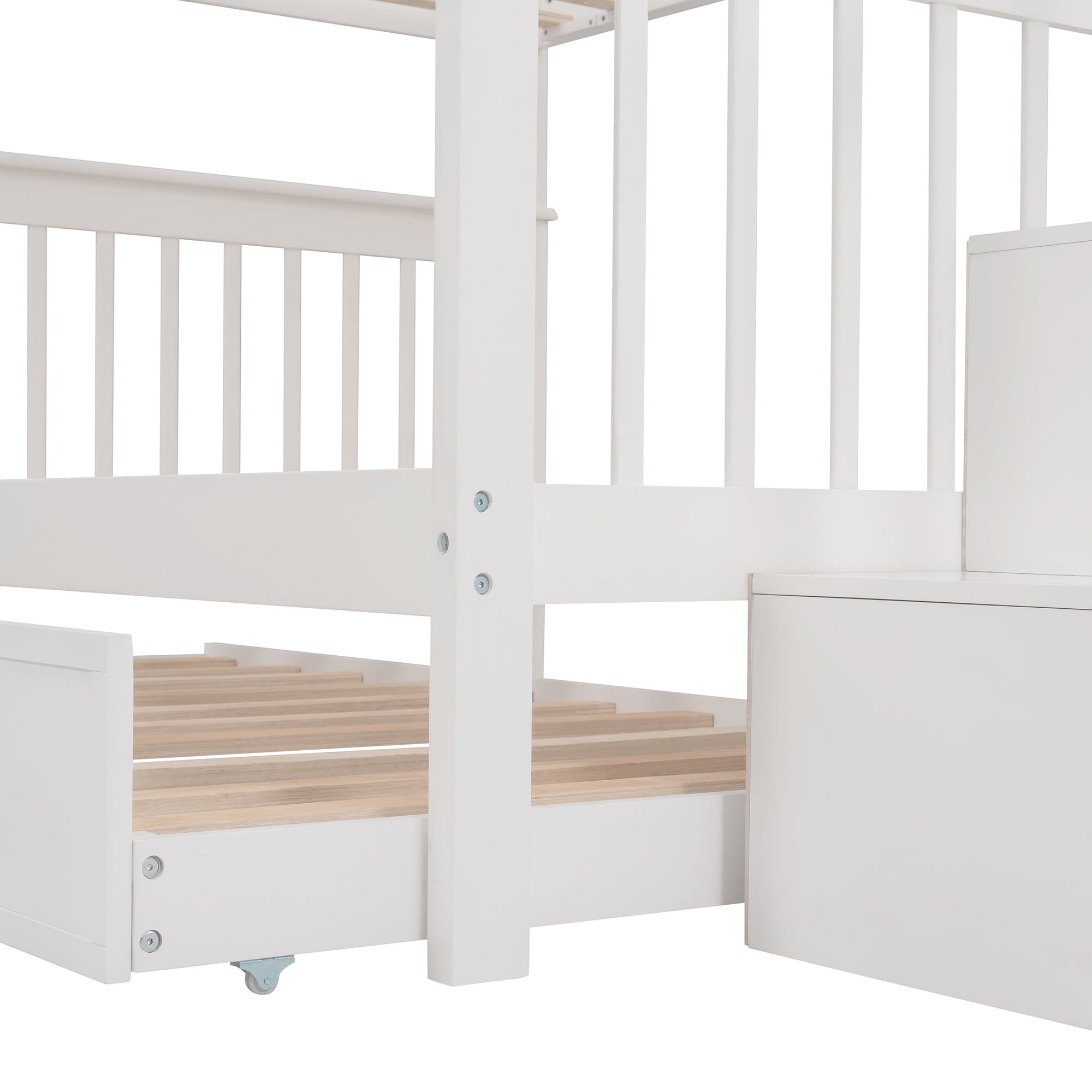 Stairway Full-Over-Full Bunk Bed with Twin size Trundle;  Storage and Guard Rail for Bedroom;  Dorm