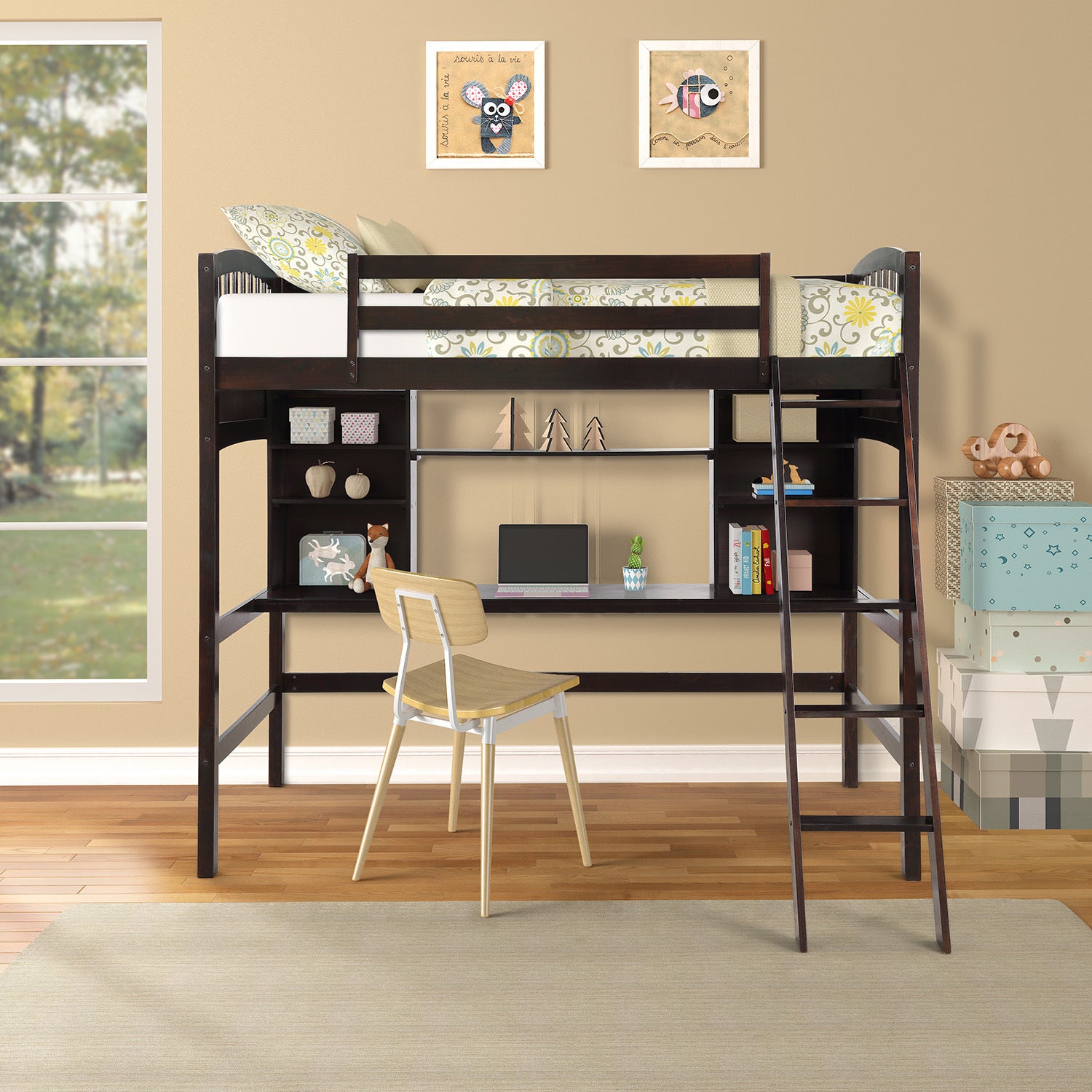 Twin size Loft Bed with Storage Shelves;  Desk and Ladder