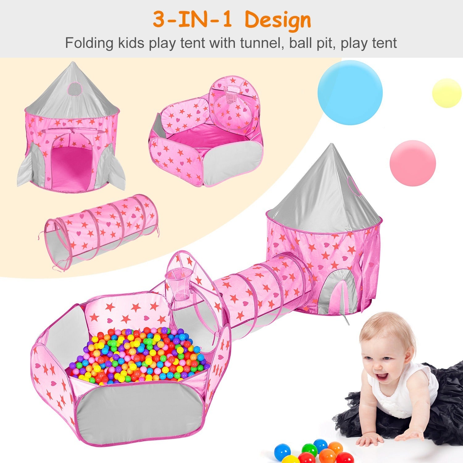 3 In 1 Child Crawl Tunnel Tent Kids Play Tent Ball Pit Set Foldable Children Play House Pop-up Kids Tent w/Storage Bag