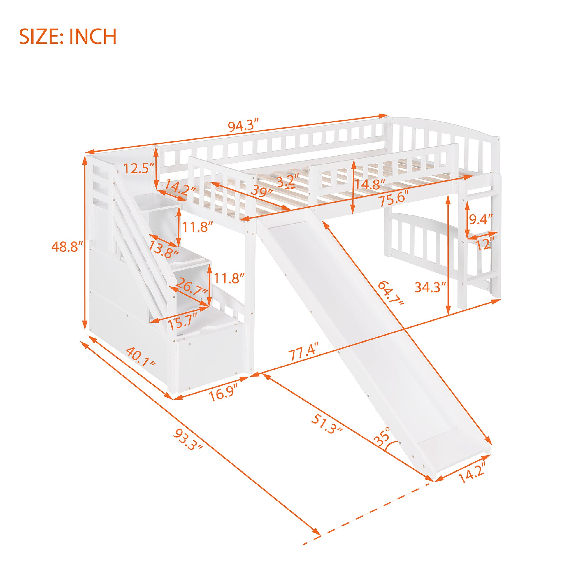 Stairway Twin Size Loft Bed with Two Drawers and Slide