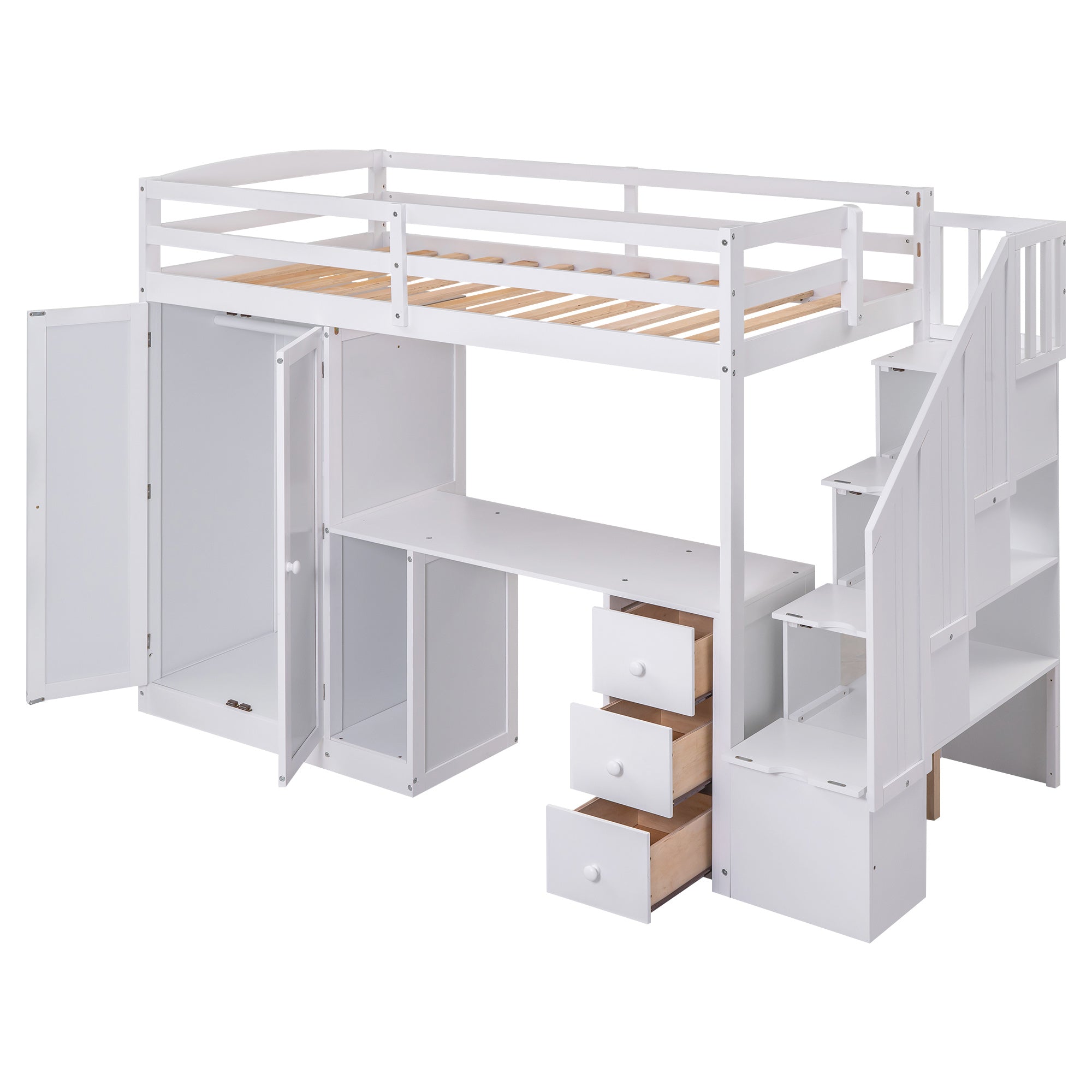 Twin Size Loft Bed with Wardrobe and Staircase;  Desk and Storage Drawers and Cabinet in 1