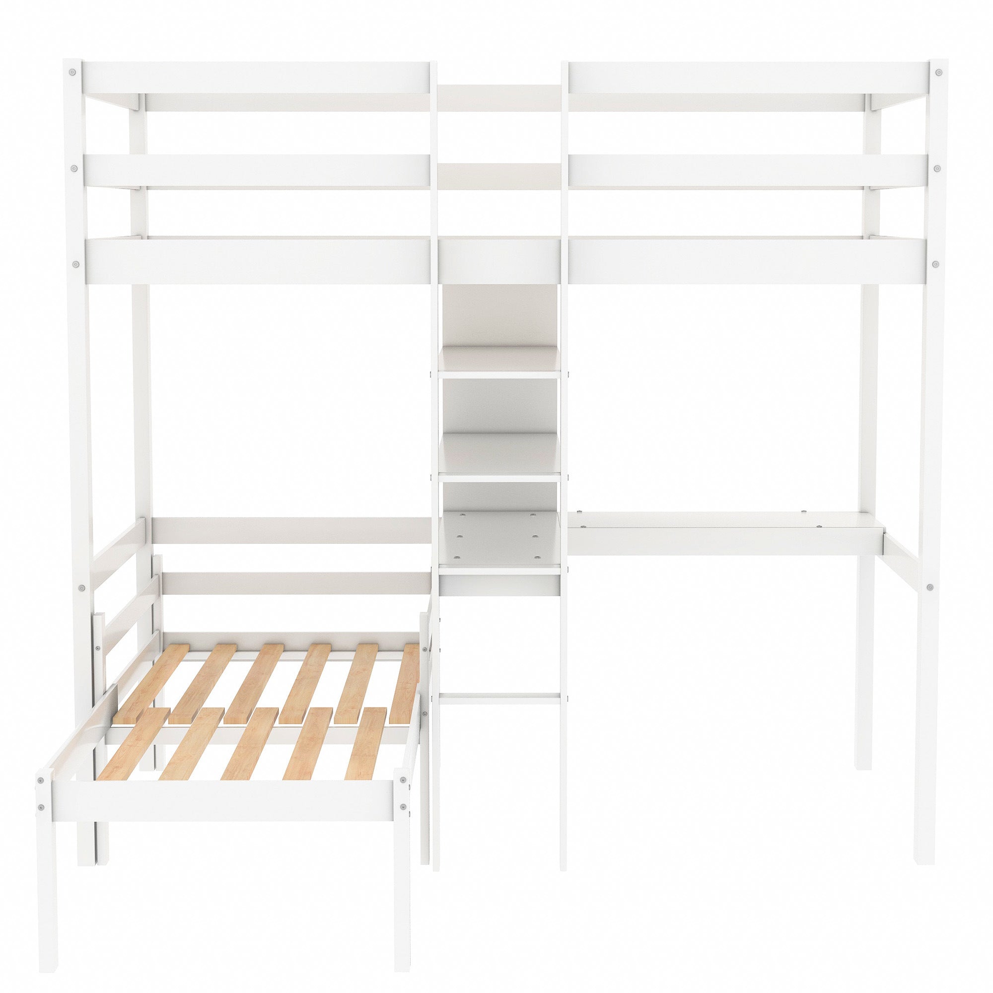 Convertible Loft Bed with L-Shape Desk, Twin Bunk Bed with Shelves and Ladder