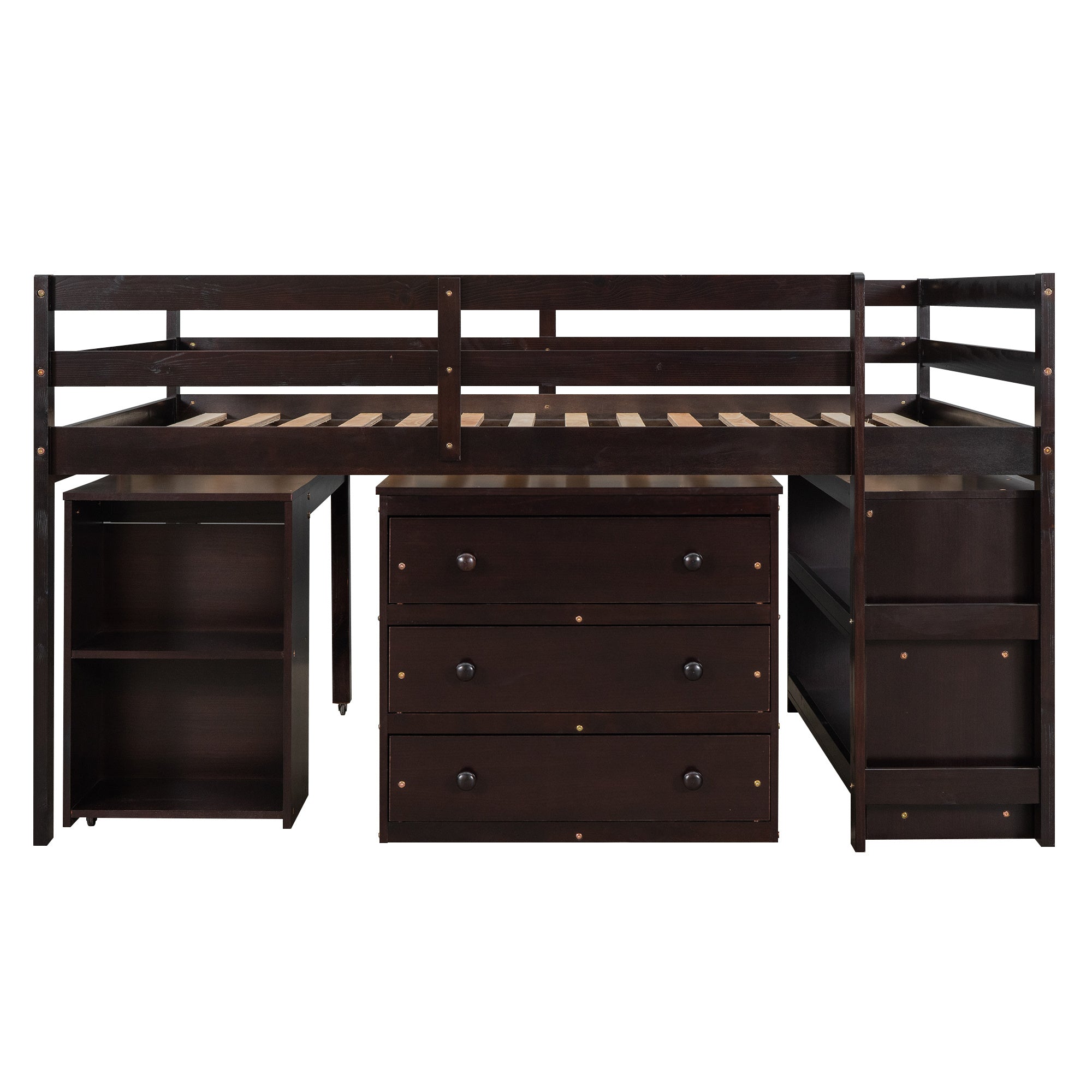 Low Study Full Loft Bed with Cabinet ; Shelves and Rolling Portable Desk ; Multiple Functions Bed