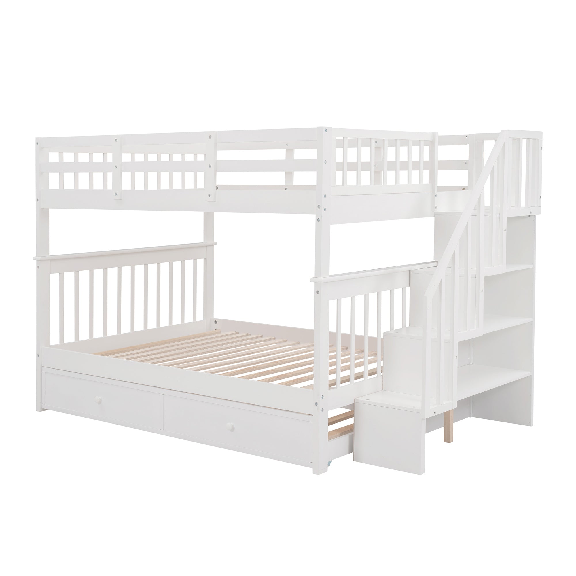 Stairway Full-Over-Full Bunk Bed with Twin size Trundle;  Storage and Guard Rail for Bedroom;  Dorm