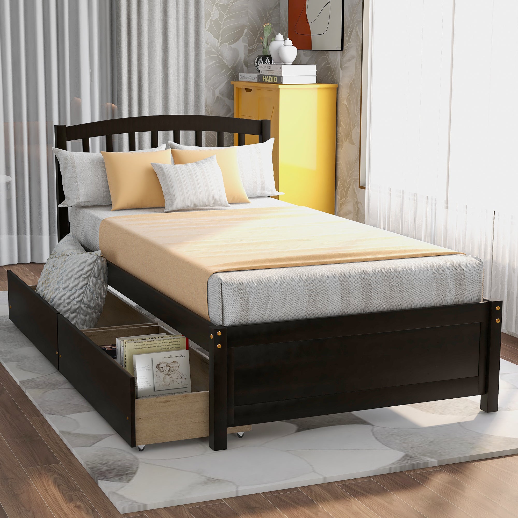 Twin Platform Storage Bed Wood Bed Frame with Two Drawers and Headboard