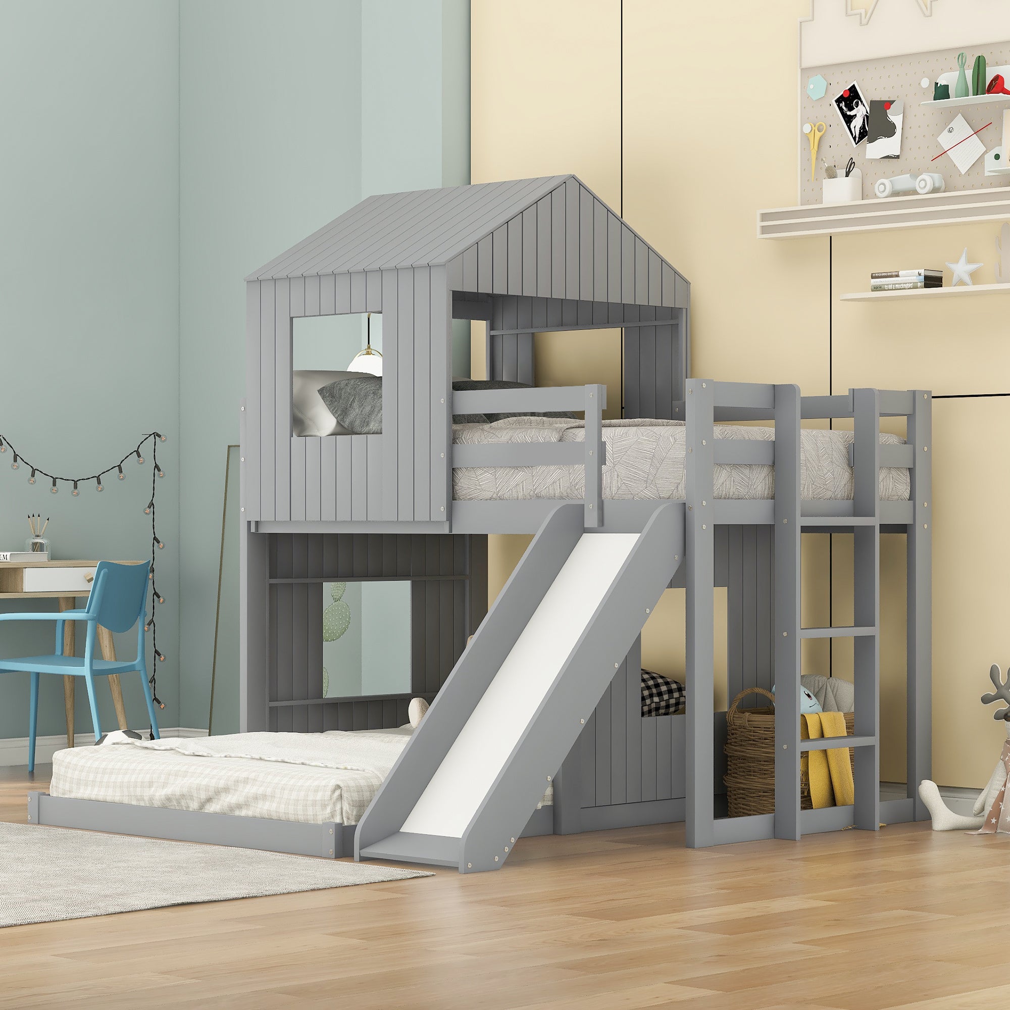 Wooden Twin Over Full Bunk Bed, Loft Bed with Playhouse, Farmhouse, Ladder, Slide and Guardrails