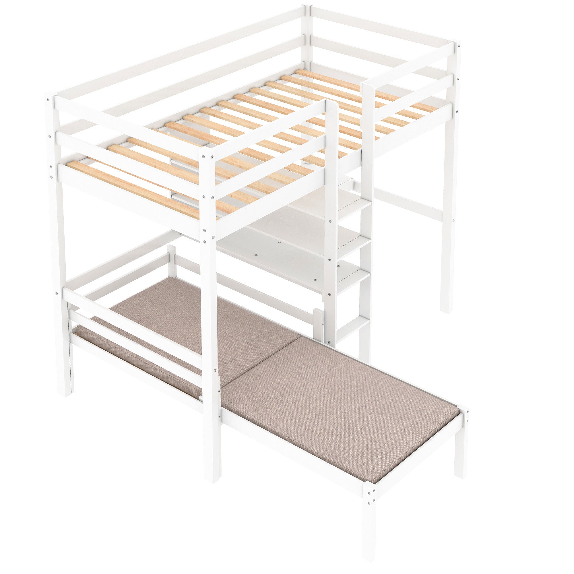 Convertible Loft Bed with L-Shape Desk, Twin Bunk Bed with Shelves and Ladder