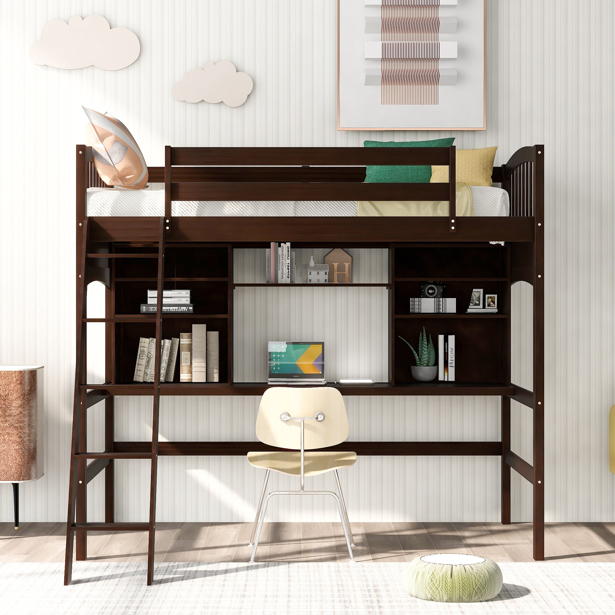 Twin size Loft Bed with Storage Shelves;  Desk and Ladder