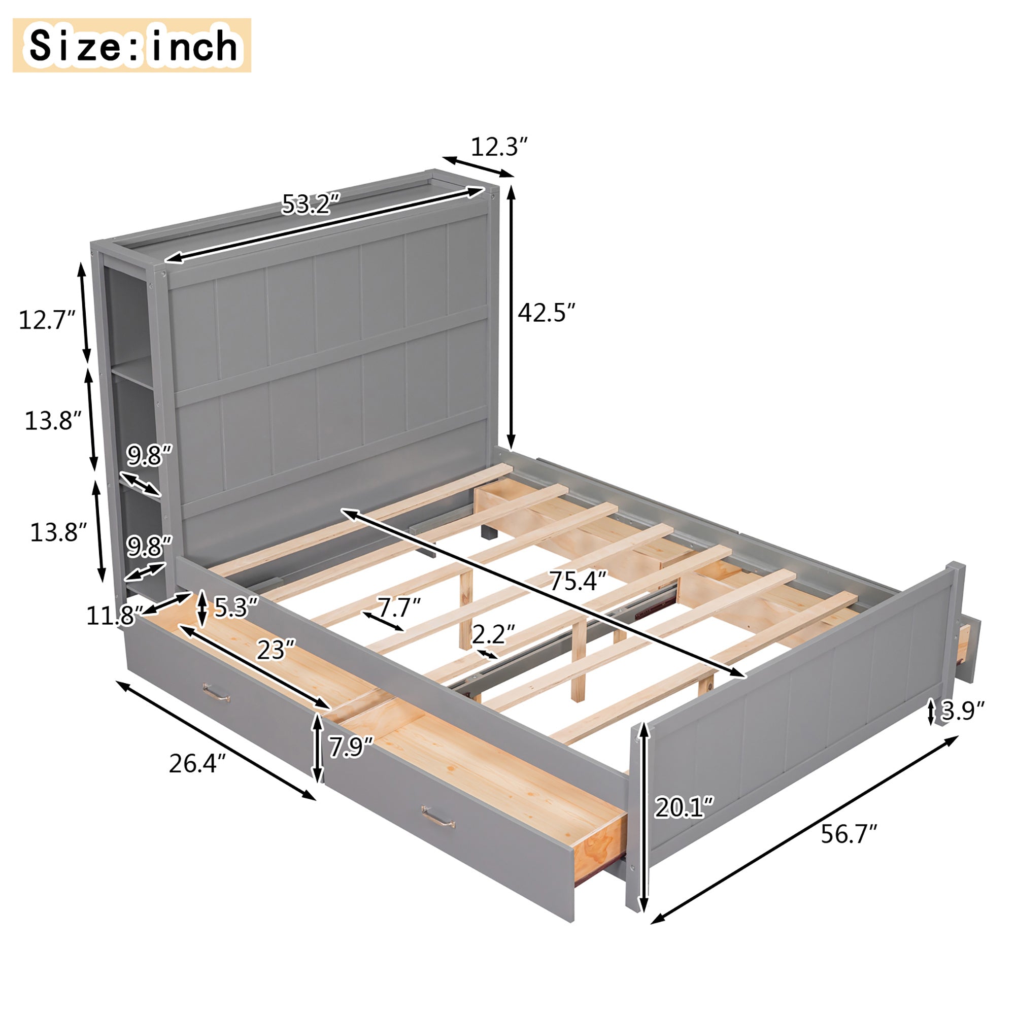 Full Size Platform Bed with Drawers and Storage Shelves