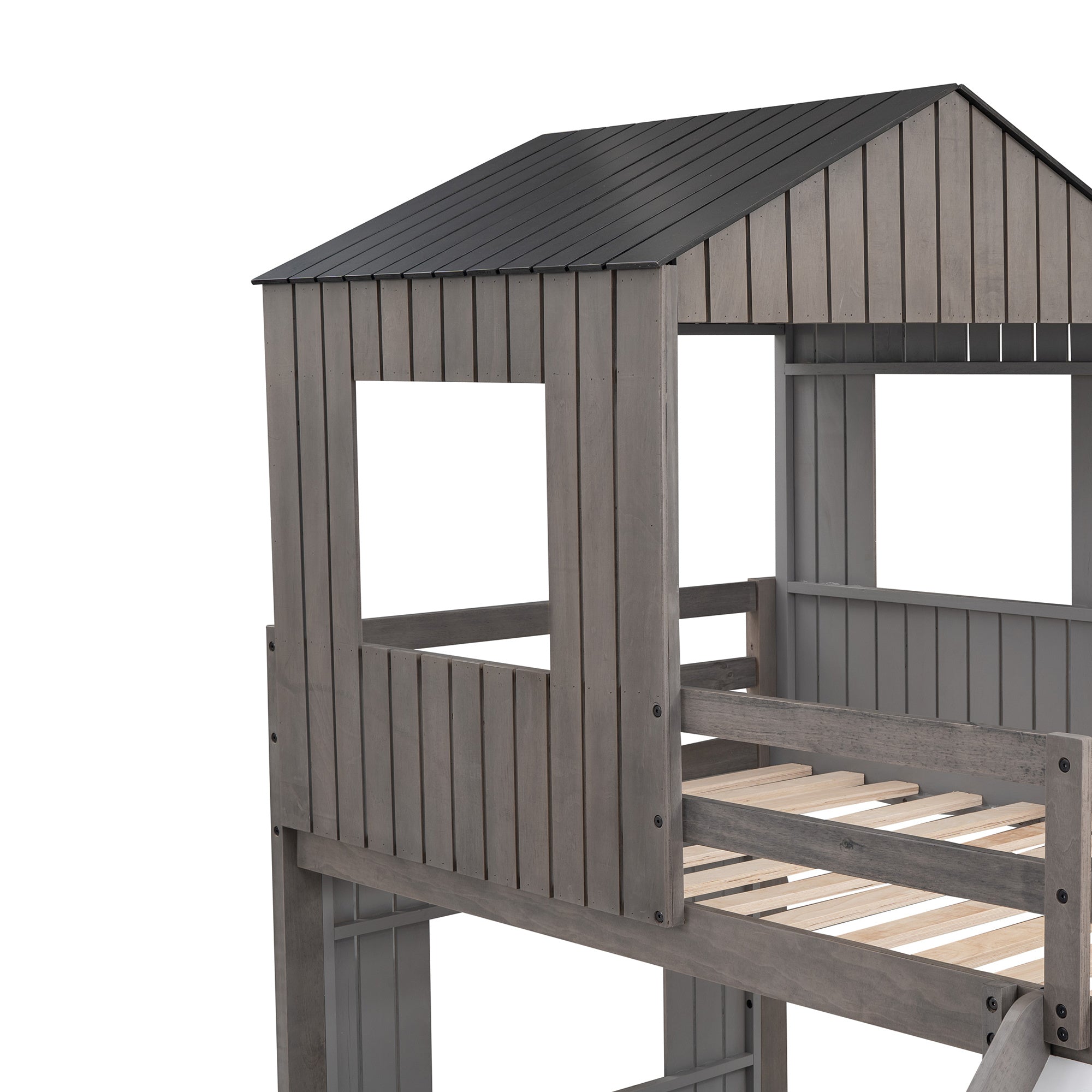 Wooden Twin Over Full Bunk Bed, Loft Bed with Playhouse, Farmhouse, Ladder, Slide and Guardrails