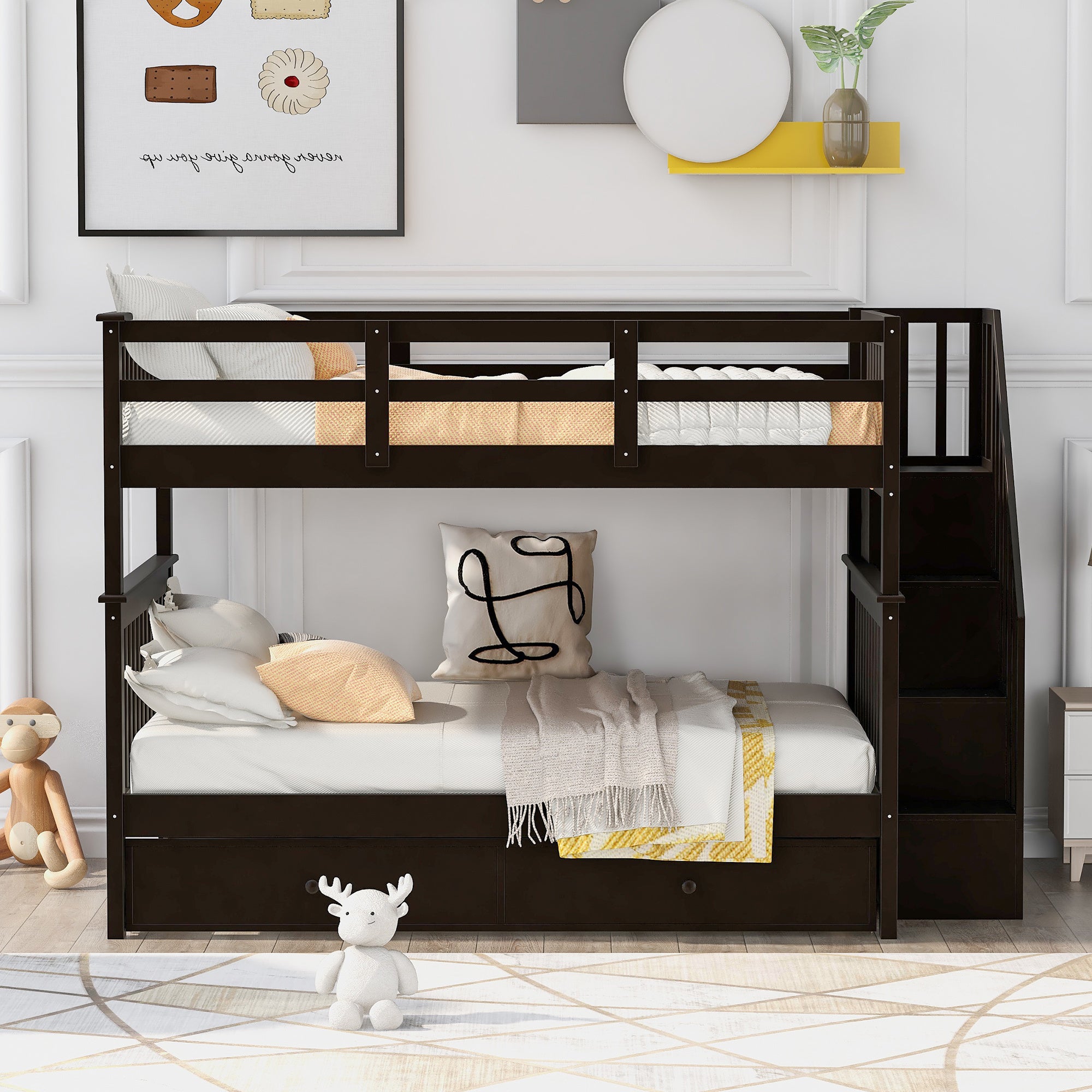 Stairway Full-Over-Full Bunk Bed with Twin size Trundle;  Storage and Guard Rail for Bedroom;  Dorm