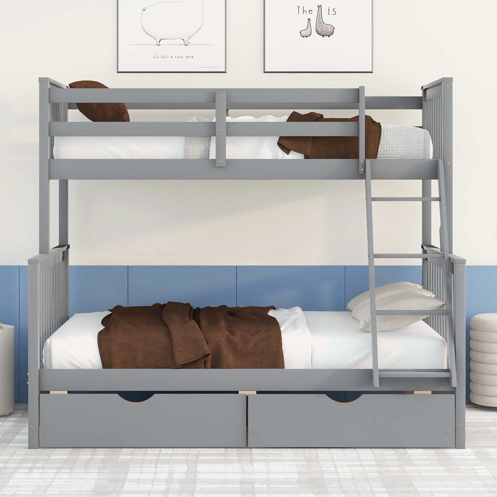 Twin-Over-Full Bunk Bed with Ladders and Two Storage Drawers