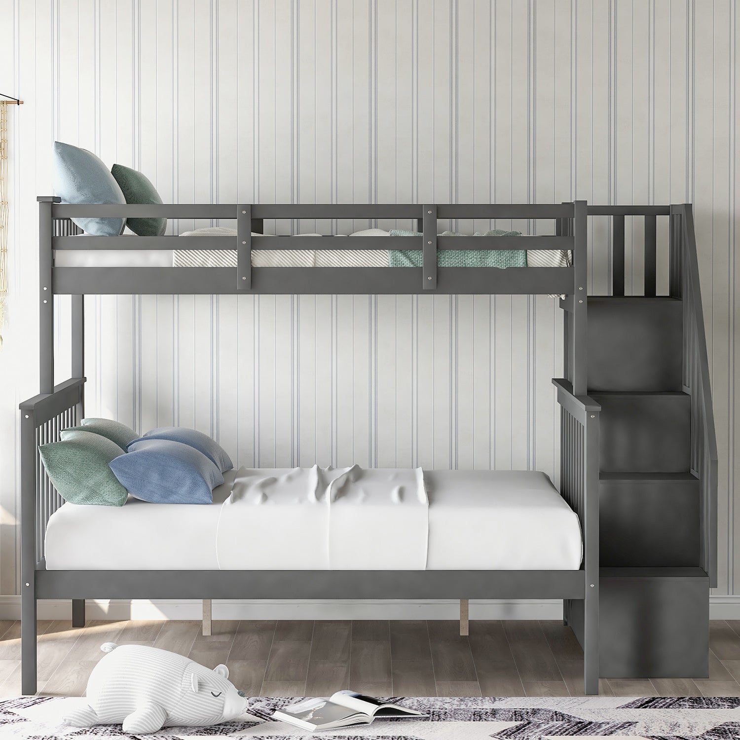 Stairway Twin-Over-Full Bunk Bed with Storage and Guard Rail for Bedroom