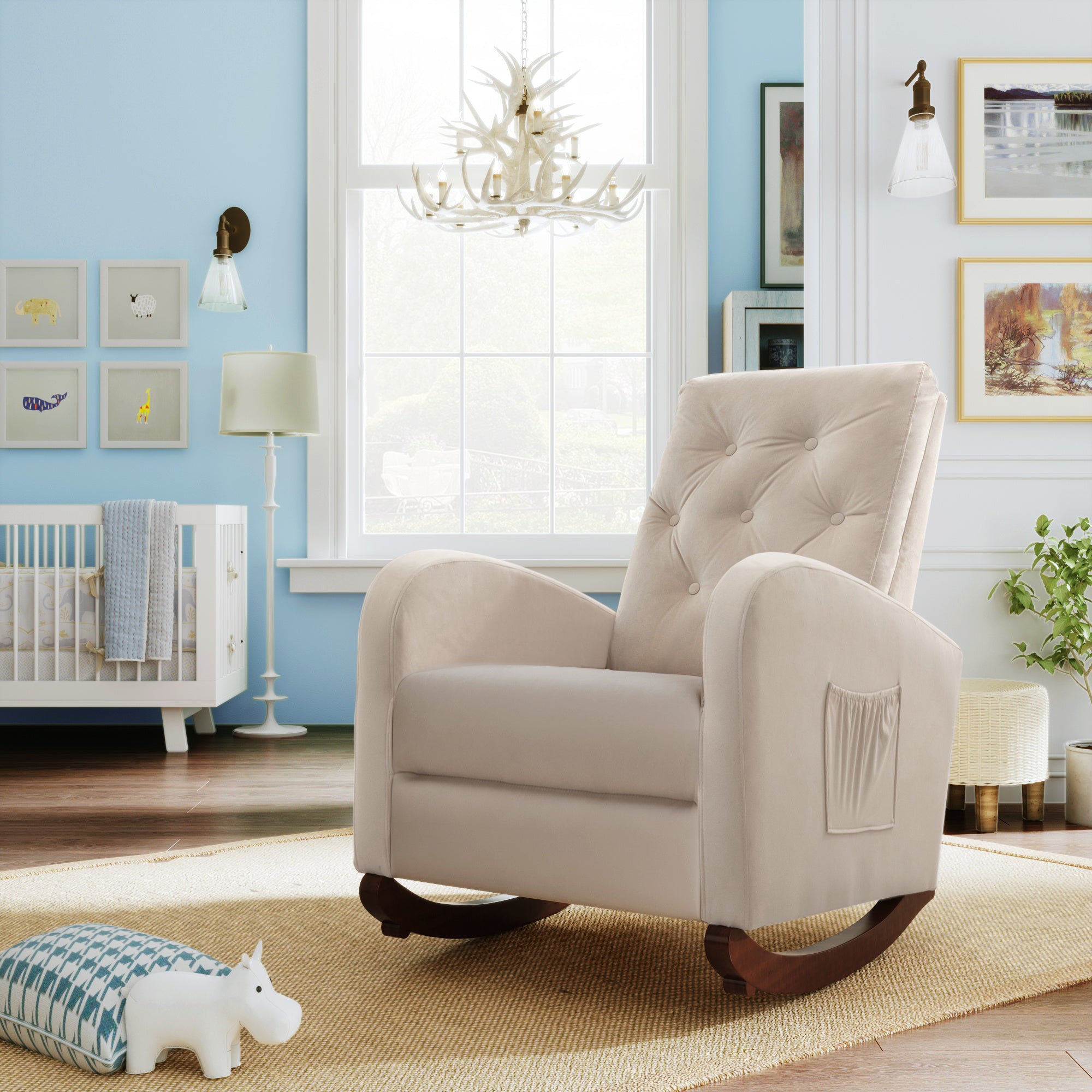 Baby Room High Back Rocking Chair Nursery Chair , Comfortable Rocker Fabric Padded Seat ,Modern High Back Armchair