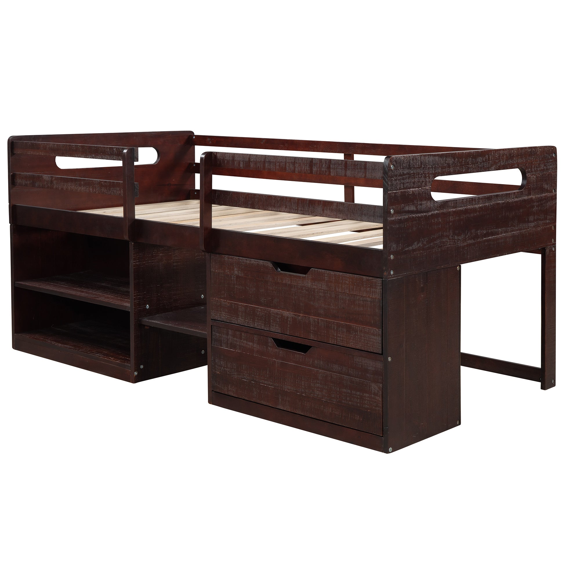 Twin size Loft Bed with Two Shelves and Two drawers