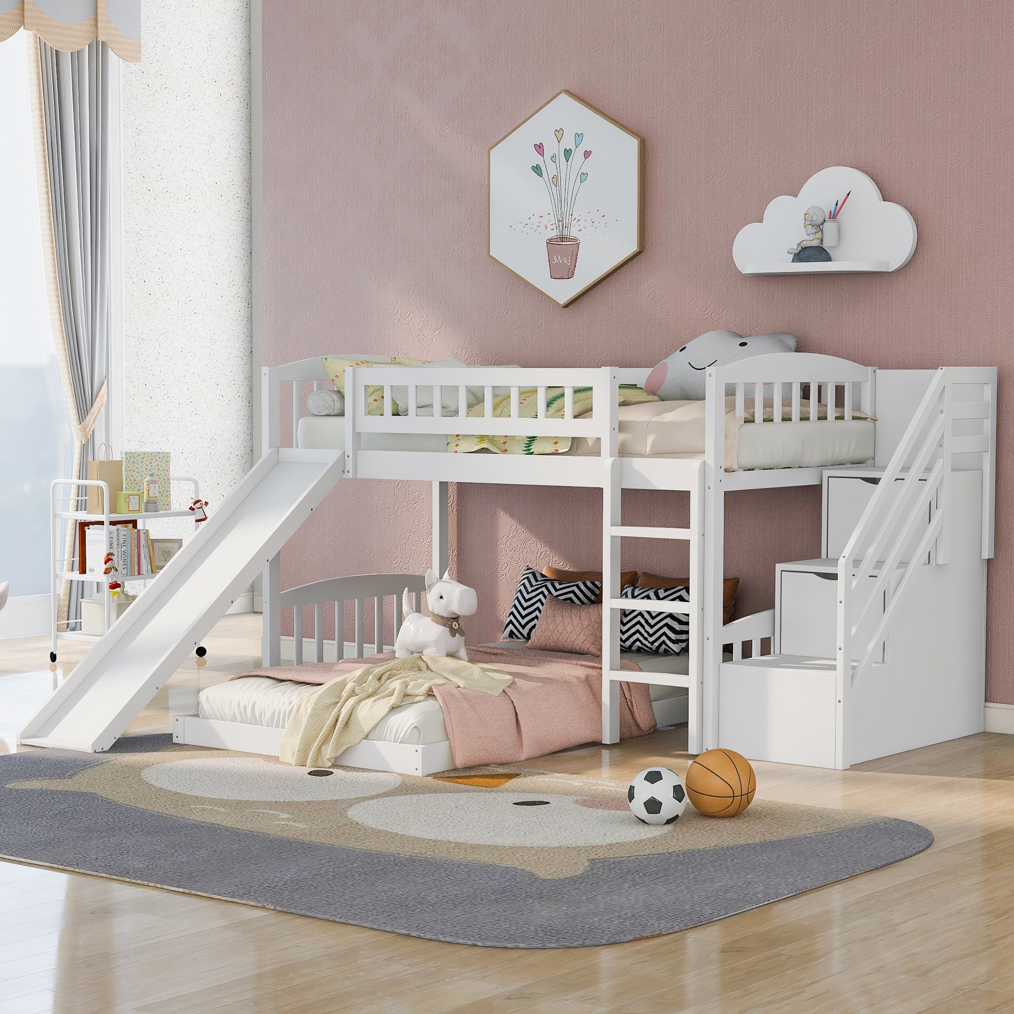 Stairway Twin over Twin Bunk Bed with Two Drawers and Slide