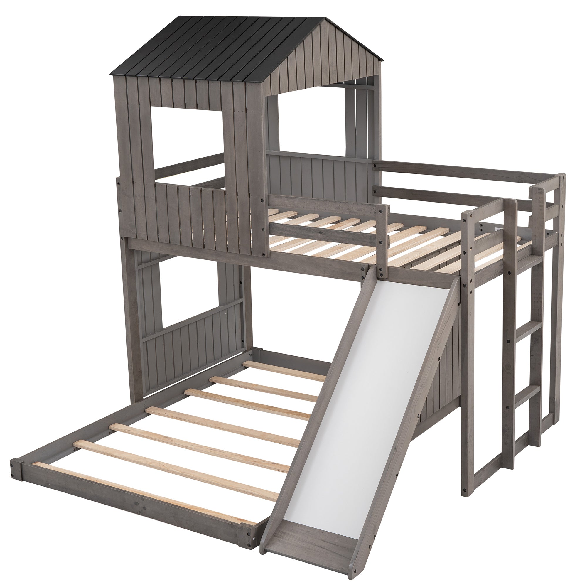 Wooden Twin Over Full Bunk Bed, Loft Bed with Playhouse, Farmhouse, Ladder, Slide and Guardrails