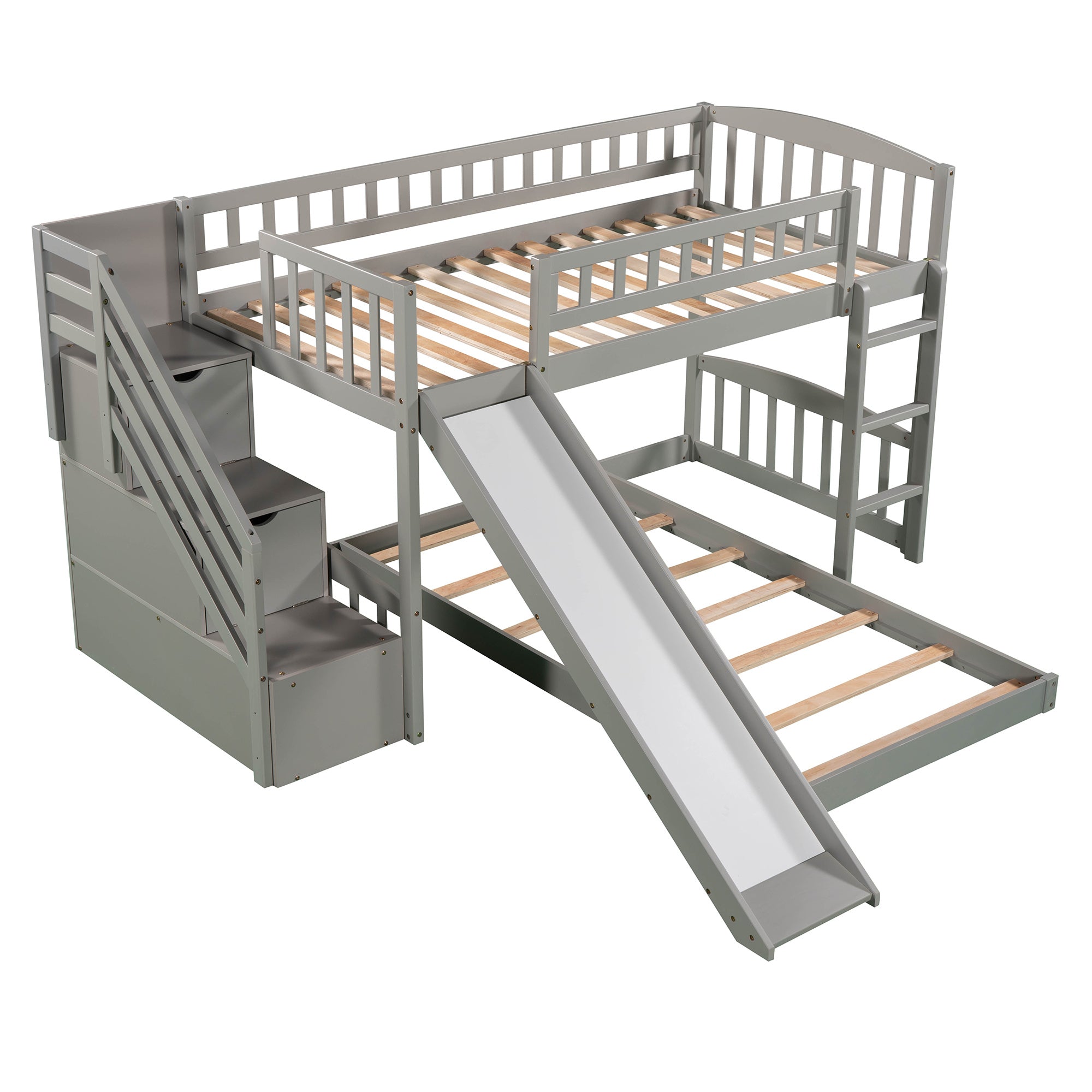 Stairway Twin over Twin Bunk Bed with Two Drawers and Slide