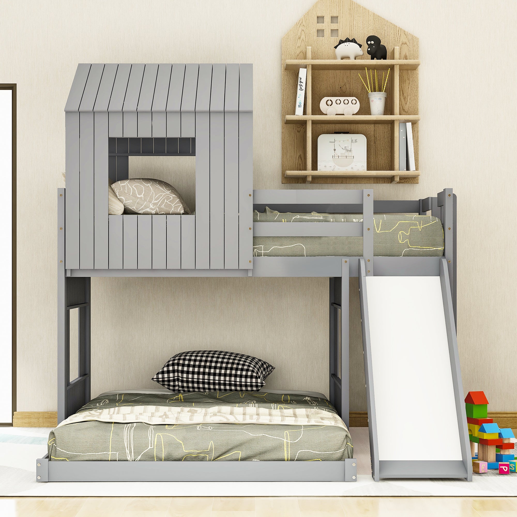 Wooden Twin Over Full Bunk Bed, Loft Bed with Playhouse, Farmhouse, Ladder, Slide and Guardrails