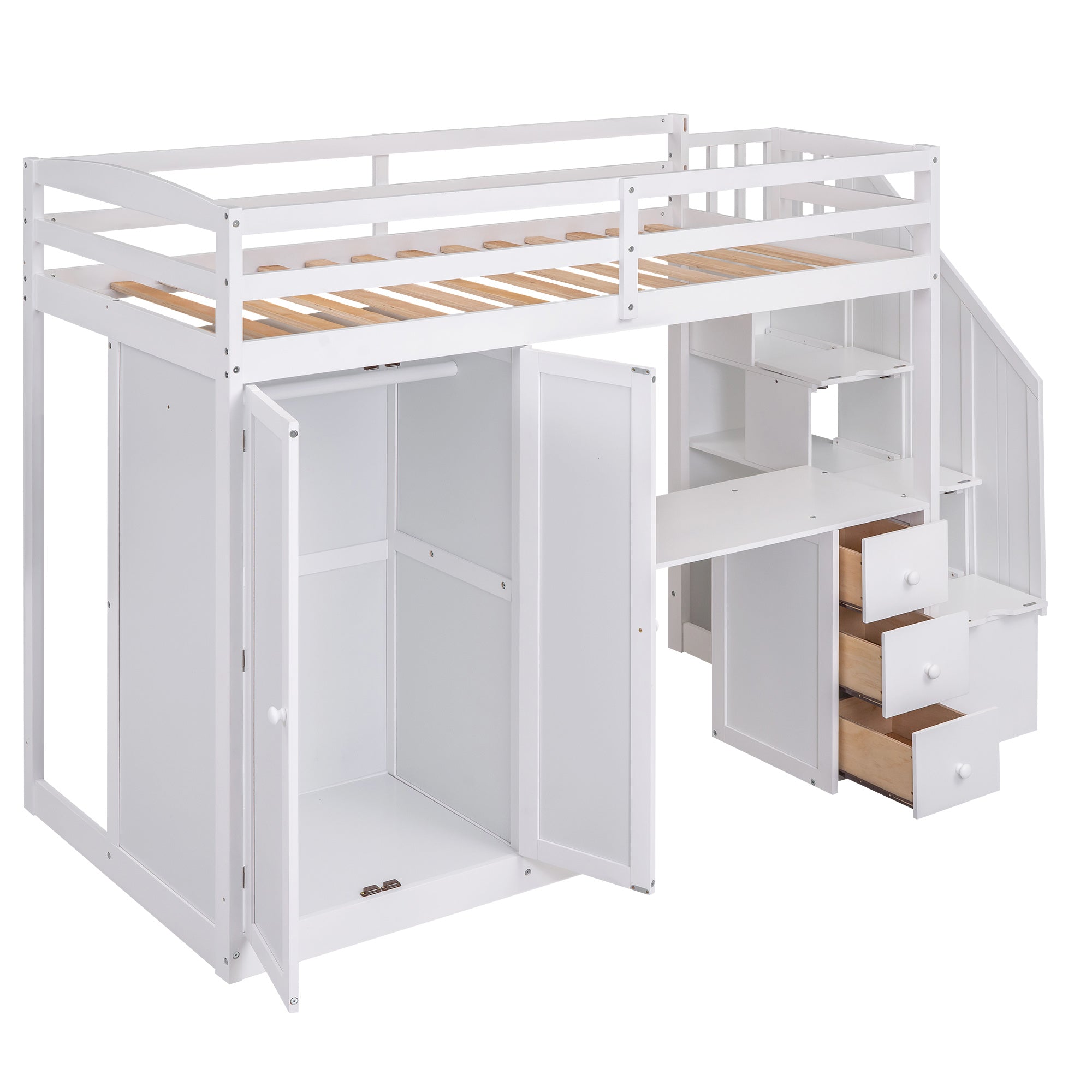 Twin Size Loft Bed with Wardrobe and Staircase;  Desk and Storage Drawers and Cabinet in 1