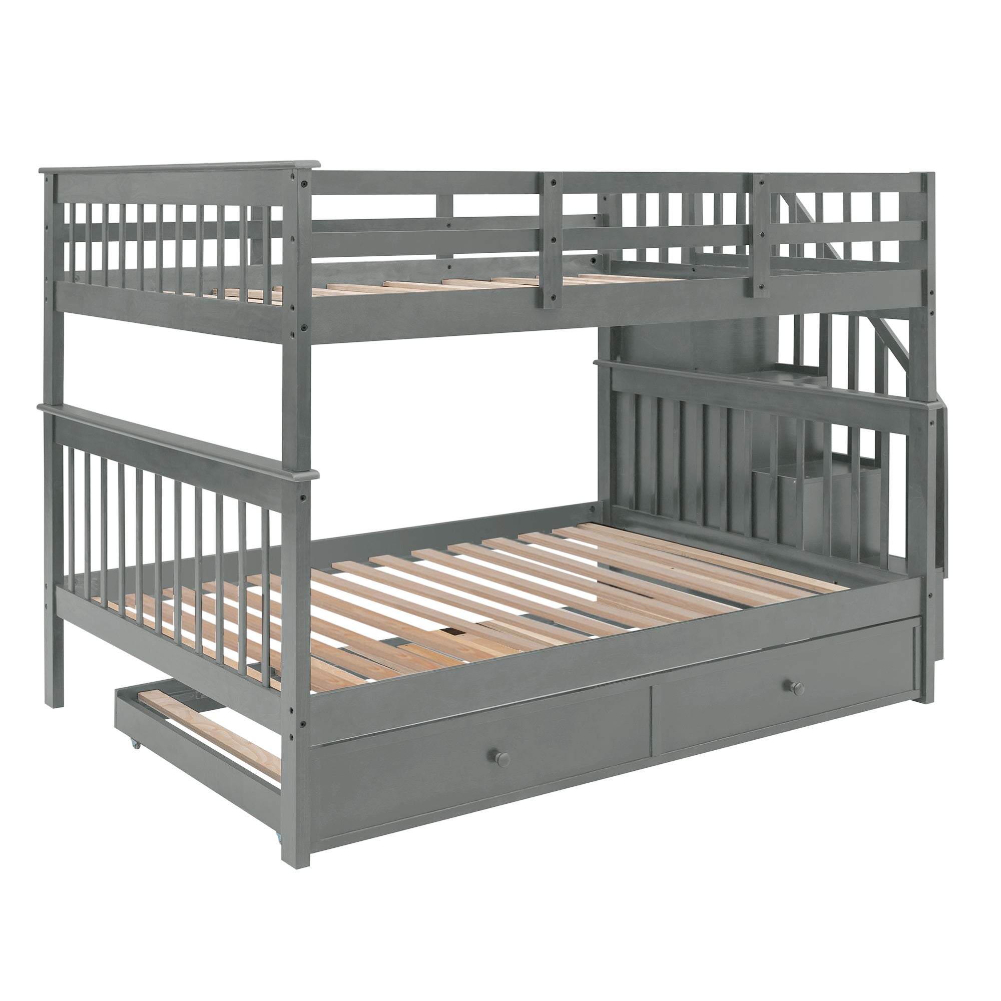 Stairway Full-Over-Full Bunk Bed with Twin size Trundle;  Storage and Guard Rail for Bedroom;  Dorm