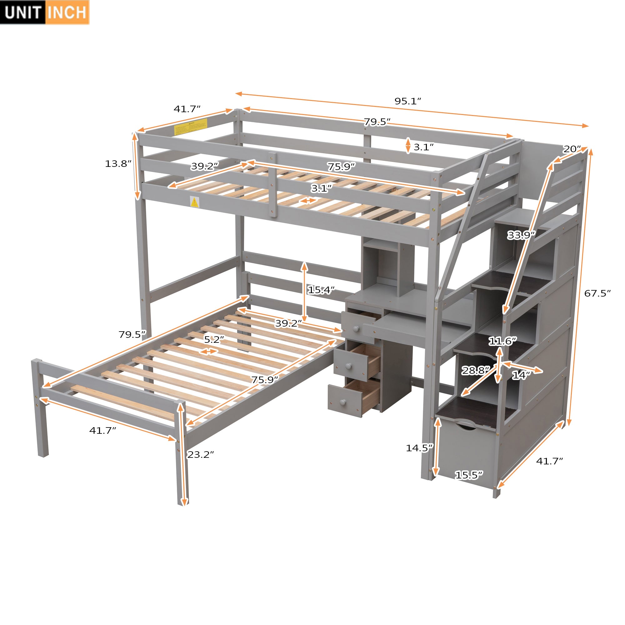 Twin Size Loft Bed with a Stand-alone Bed;  Storage Staircase;  Desk;  Shelves and Drawers