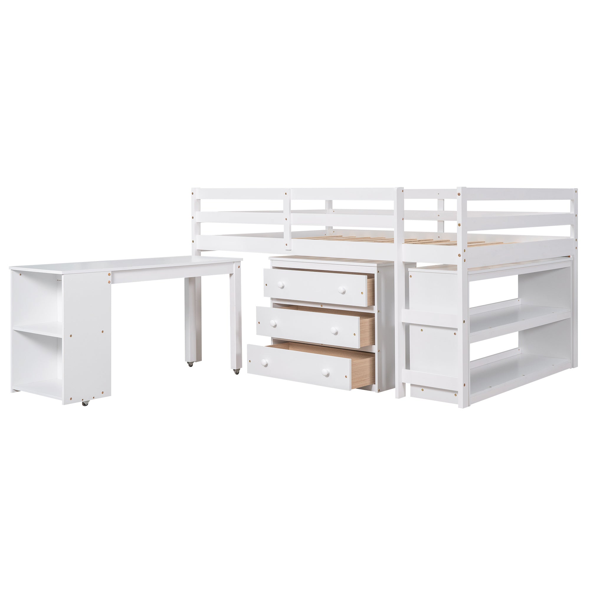 Low Study Full Loft Bed with Cabinet ; Shelves and Rolling Portable Desk ; Multiple Functions Bed